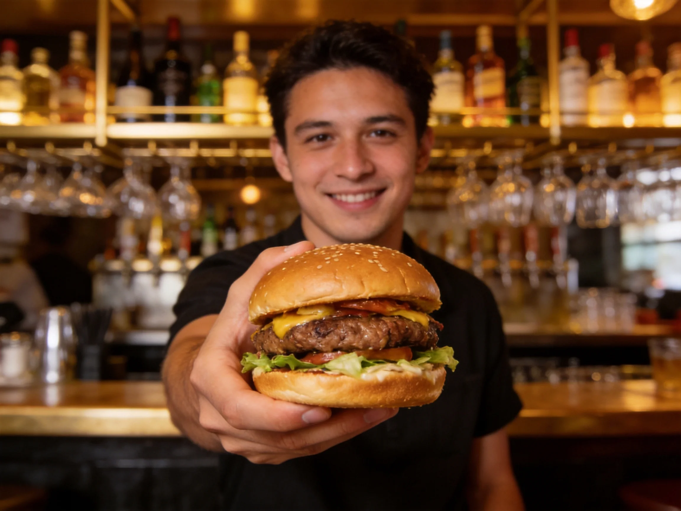 A person presenting a sesame seed burger in a bar with liquor shelves