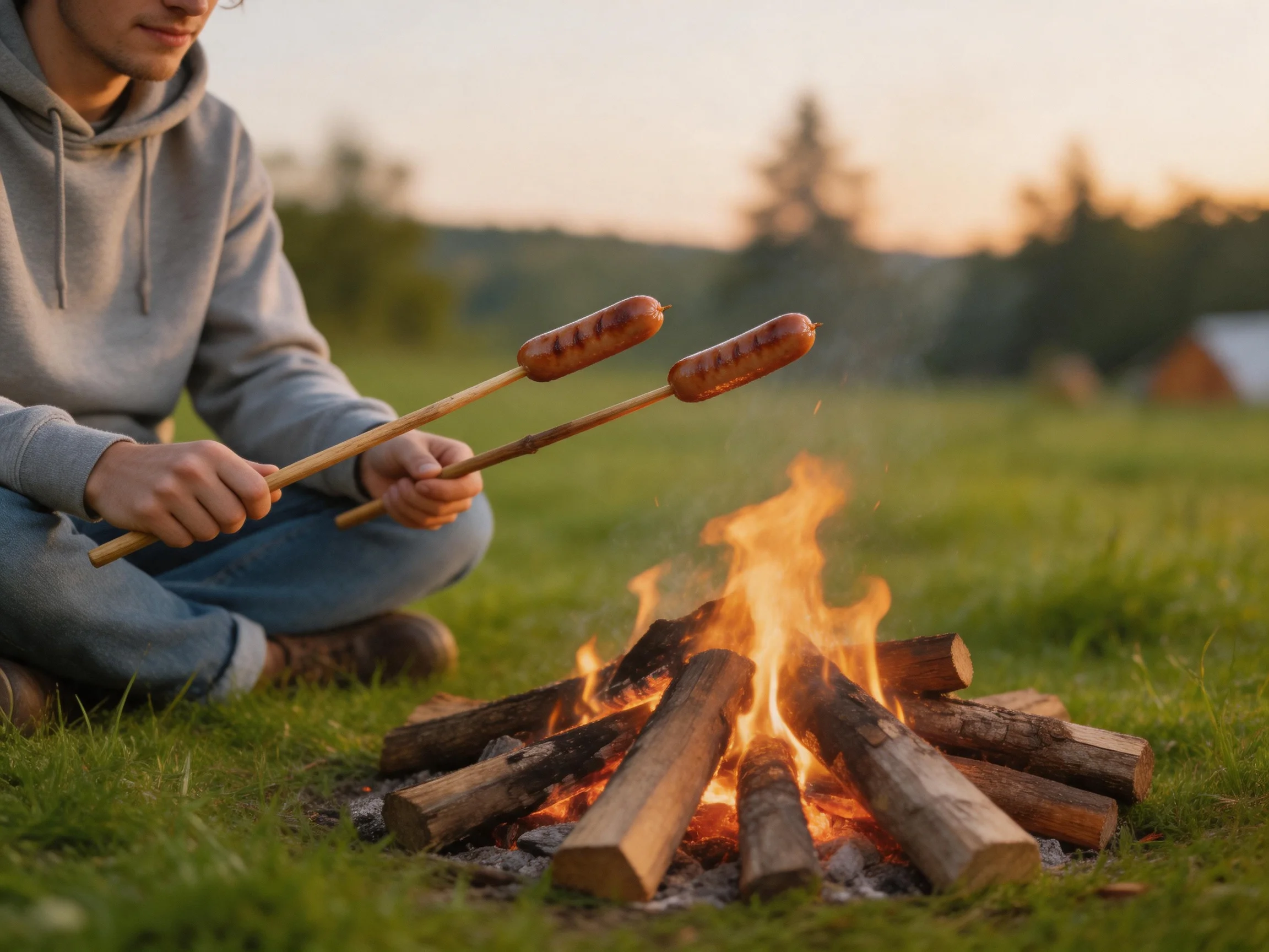 A person roasting two brown sausages over a bright campfire in a grassy field
