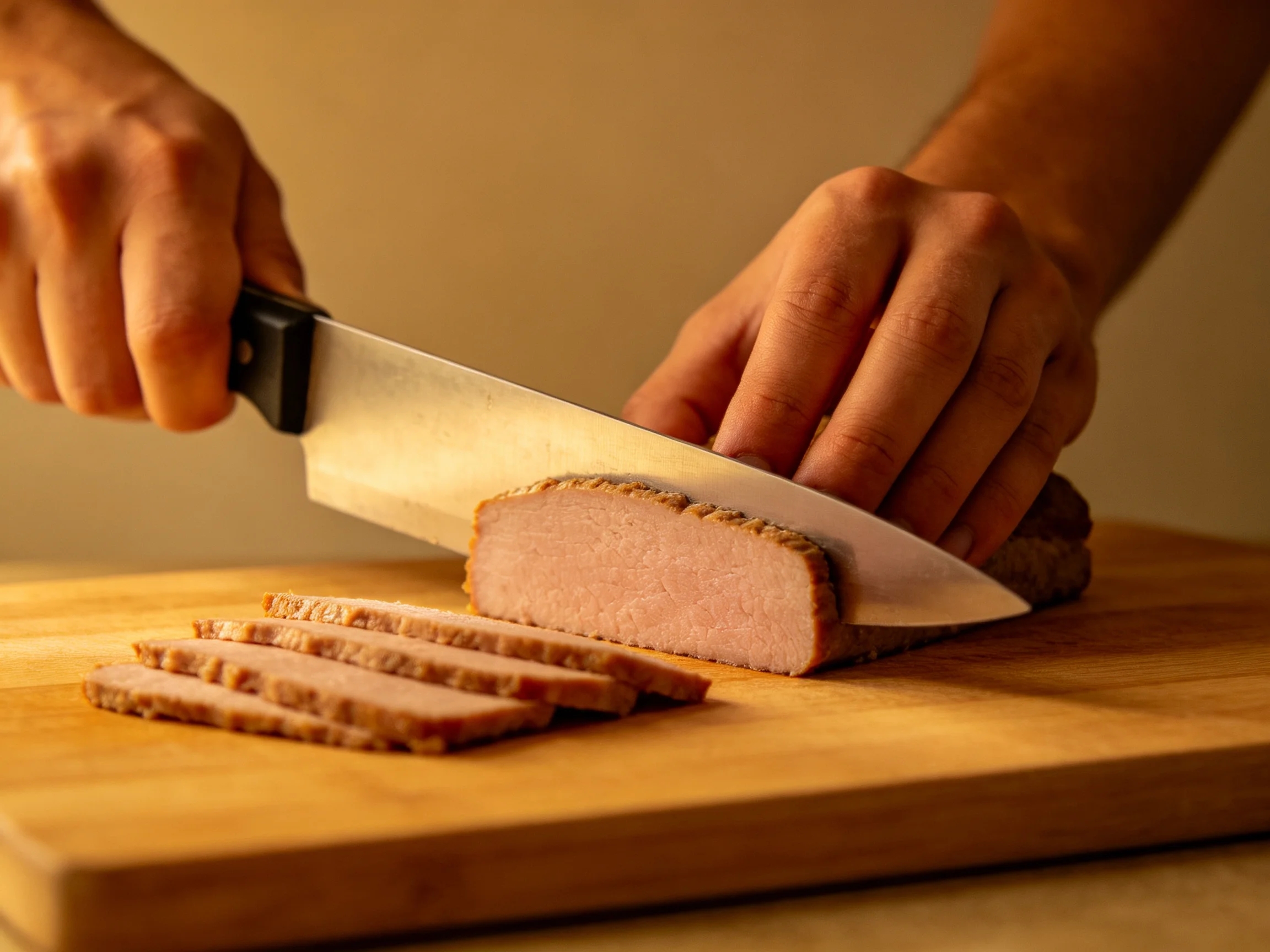 A person slicing a brown roasted meat loaf on a wooden cutting board