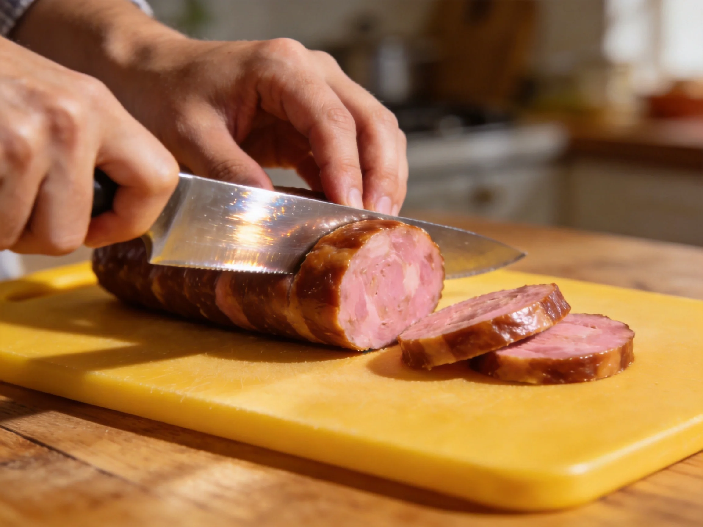 A person slicing a browned sausage on a bright yellow cutting board