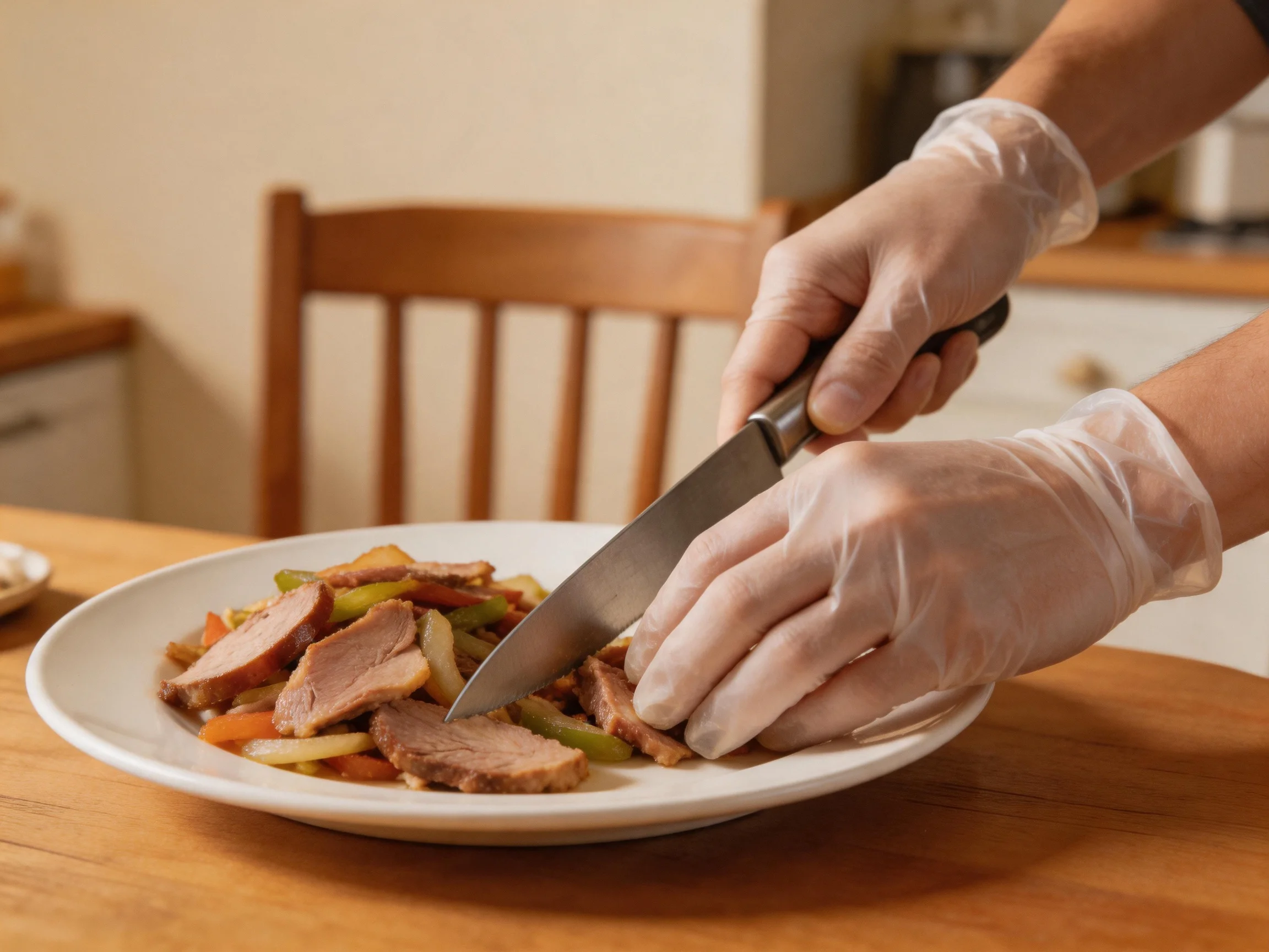 A person slicing cooked meat and mixed vegetables on a white plate