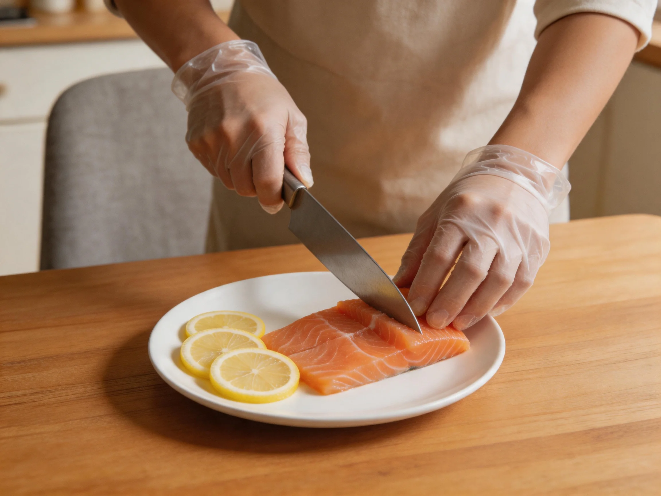 A person slicing fresh salmon with lemon slices on a white plate