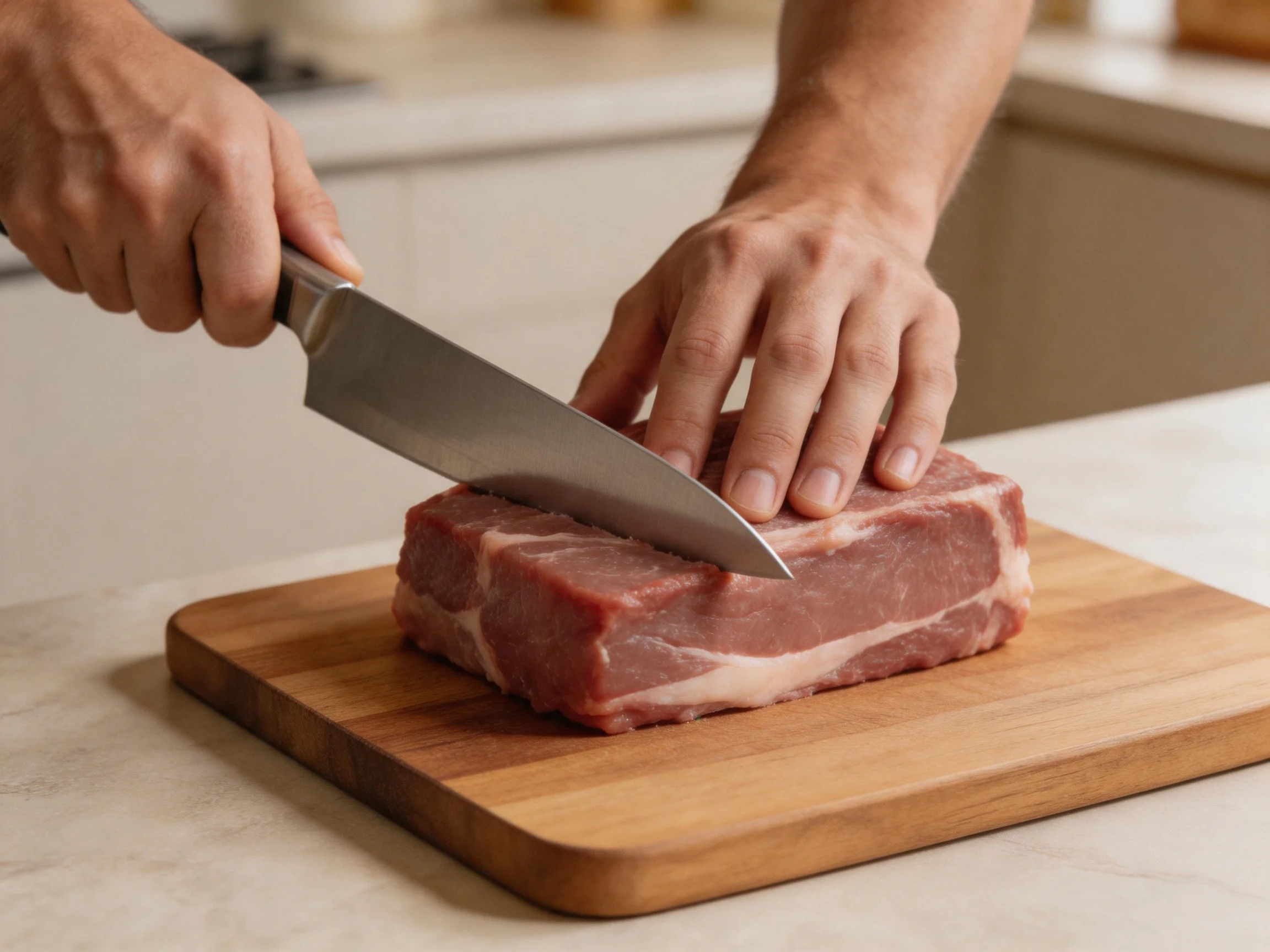 A person slicing raw pork on a wooden cutting board