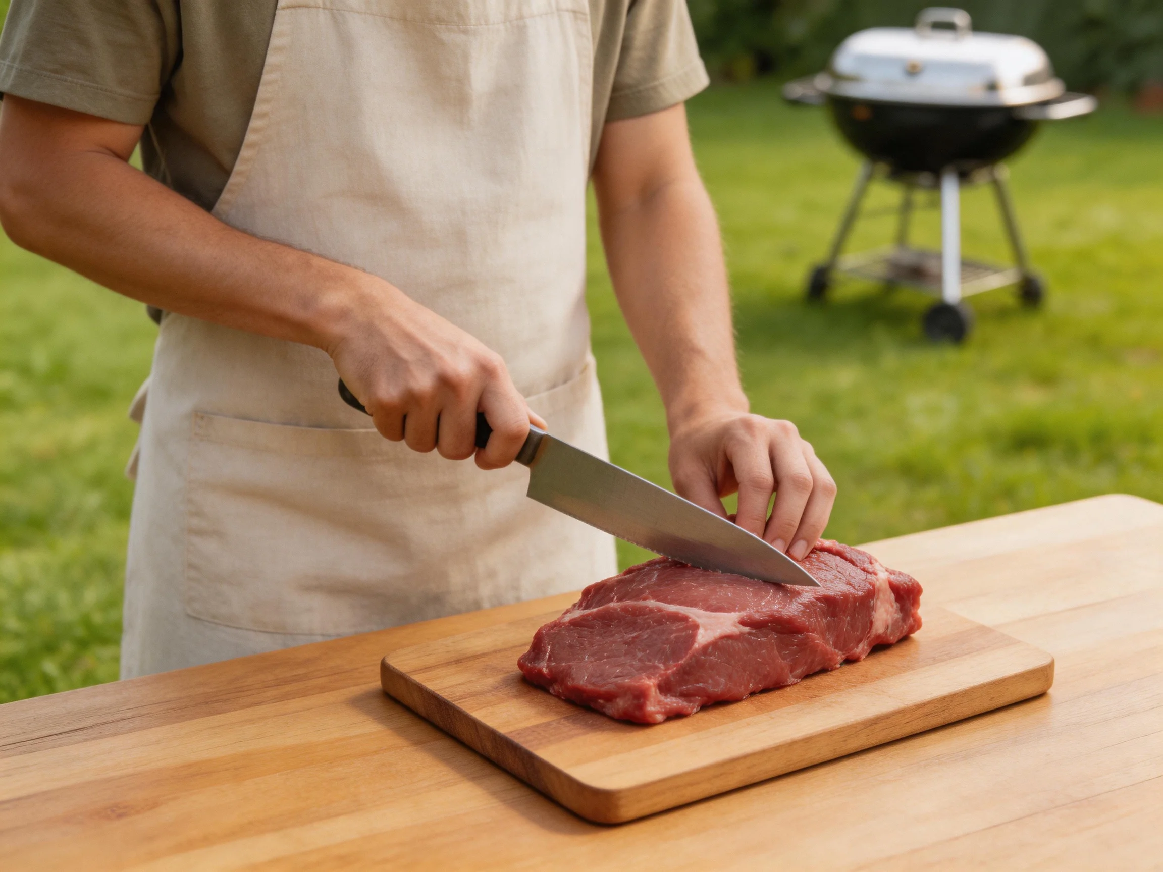 A person slicing raw red meat on a wooden cutting board near a black charcoal grill