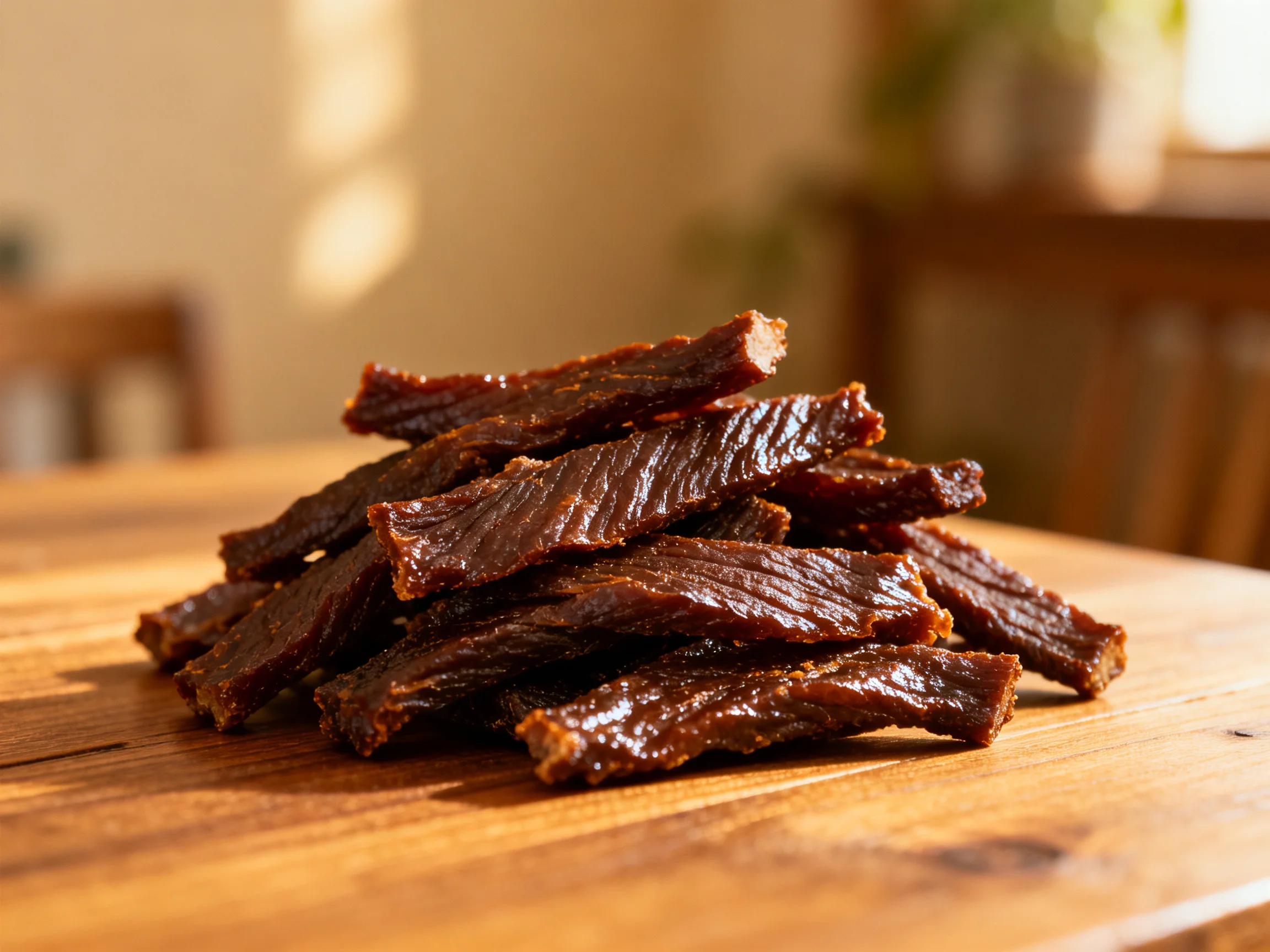 A pile of dark brown beef jerky stacked on a wooden surface