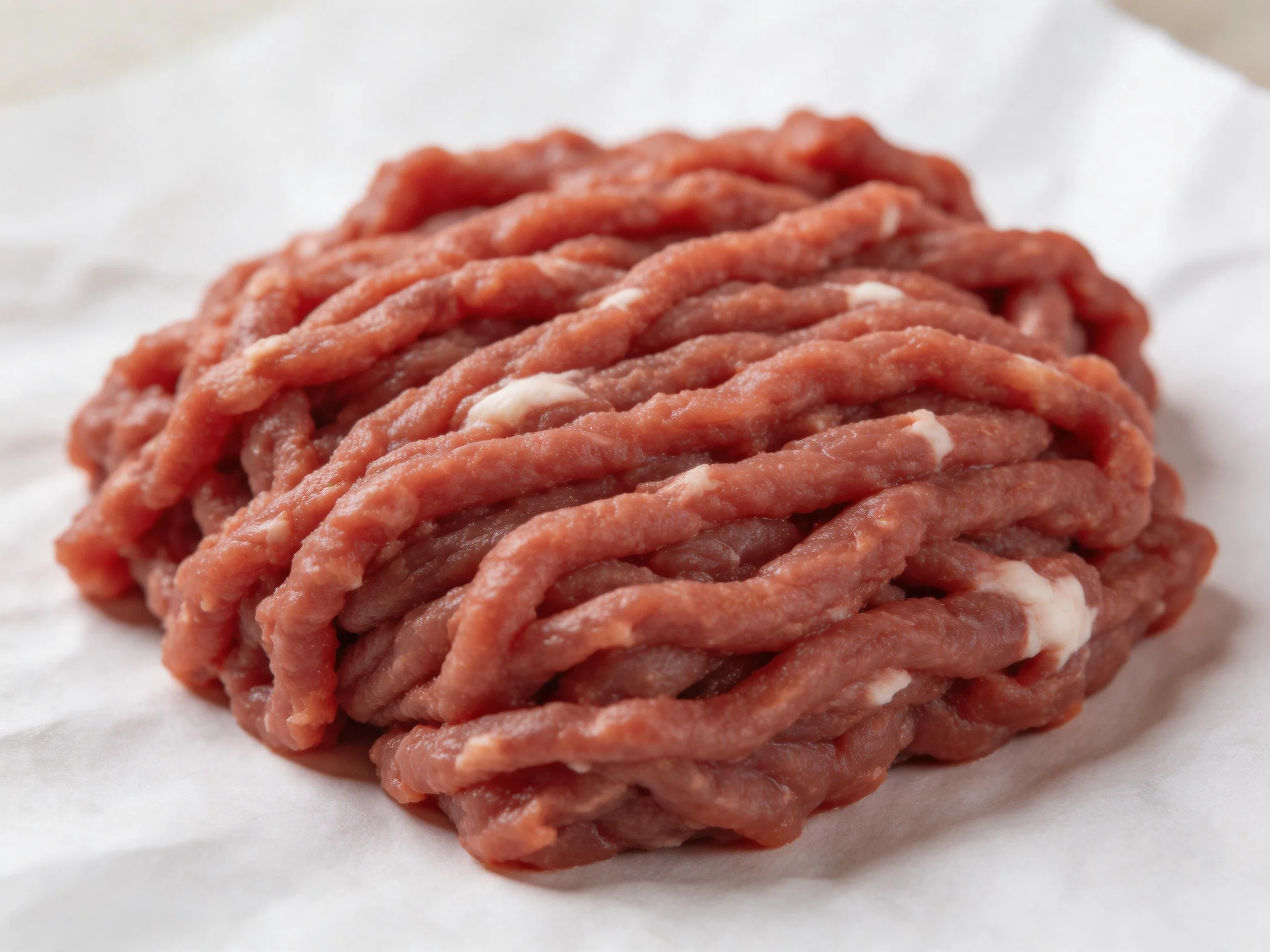 A pile of fresh ground beef with marbling on white paper