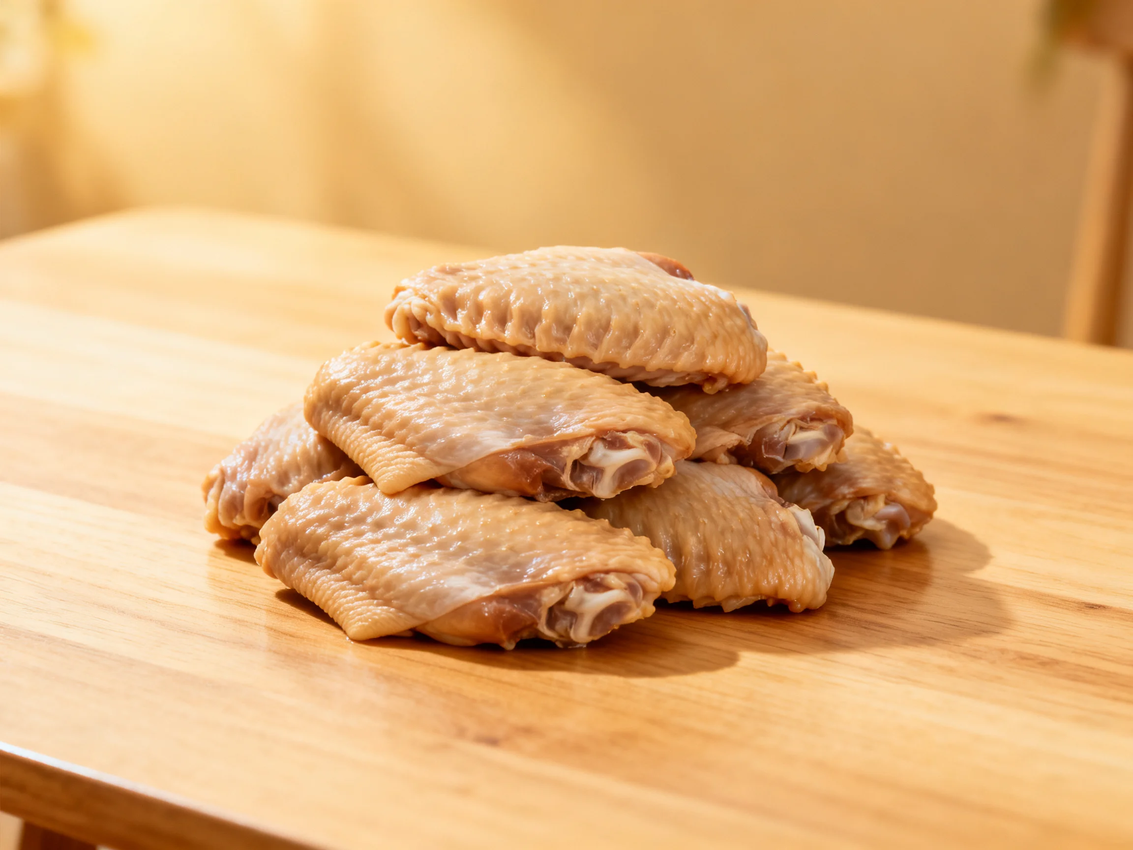 A pile of golden-brown chicken wings on a light wood cutting board
