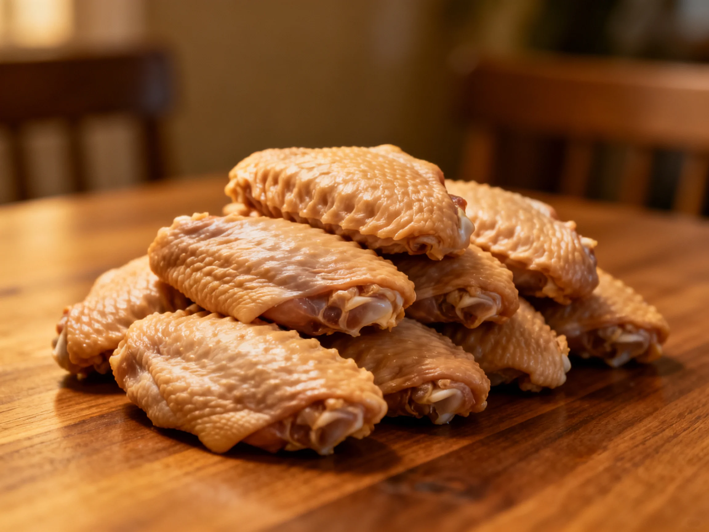 A pile of golden-brown chicken wings on a wooden surface