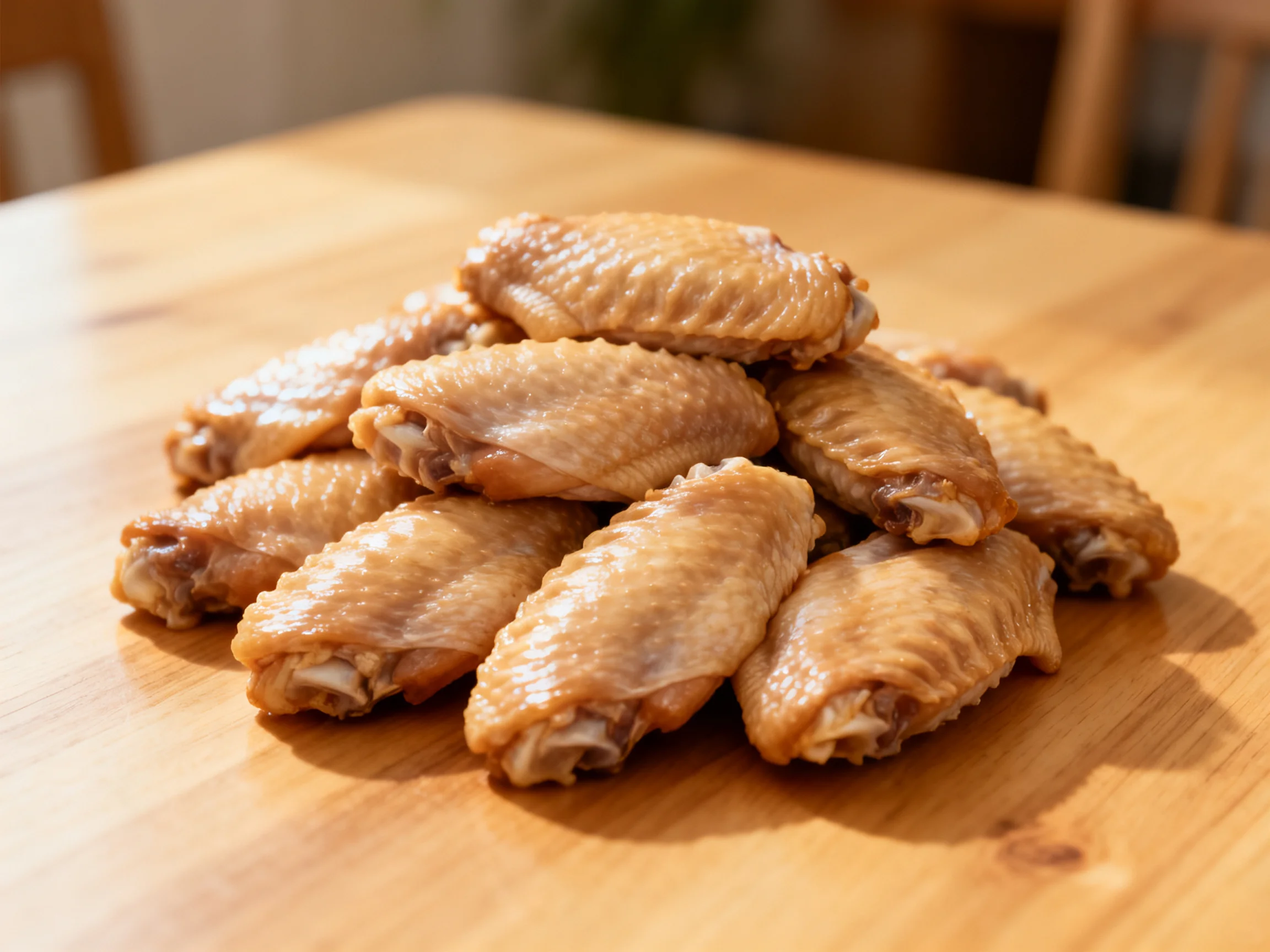 A pile of golden-brown cooked chicken wings on a wooden table