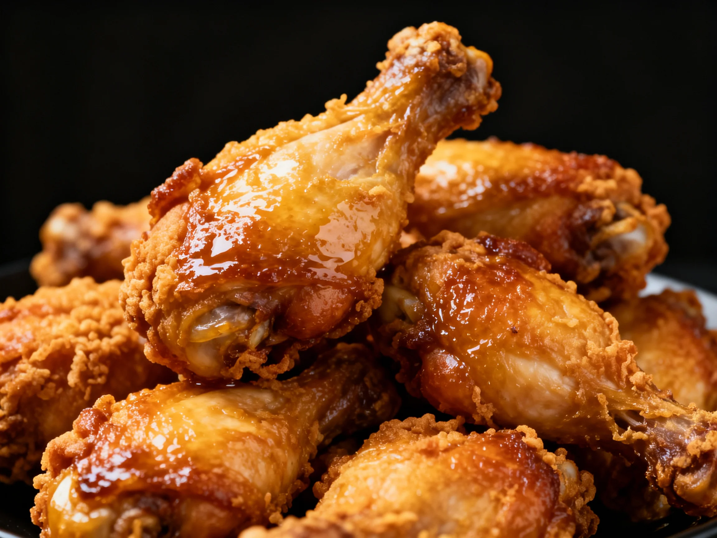 A pile of golden-brown crispy fried chicken drumsticks