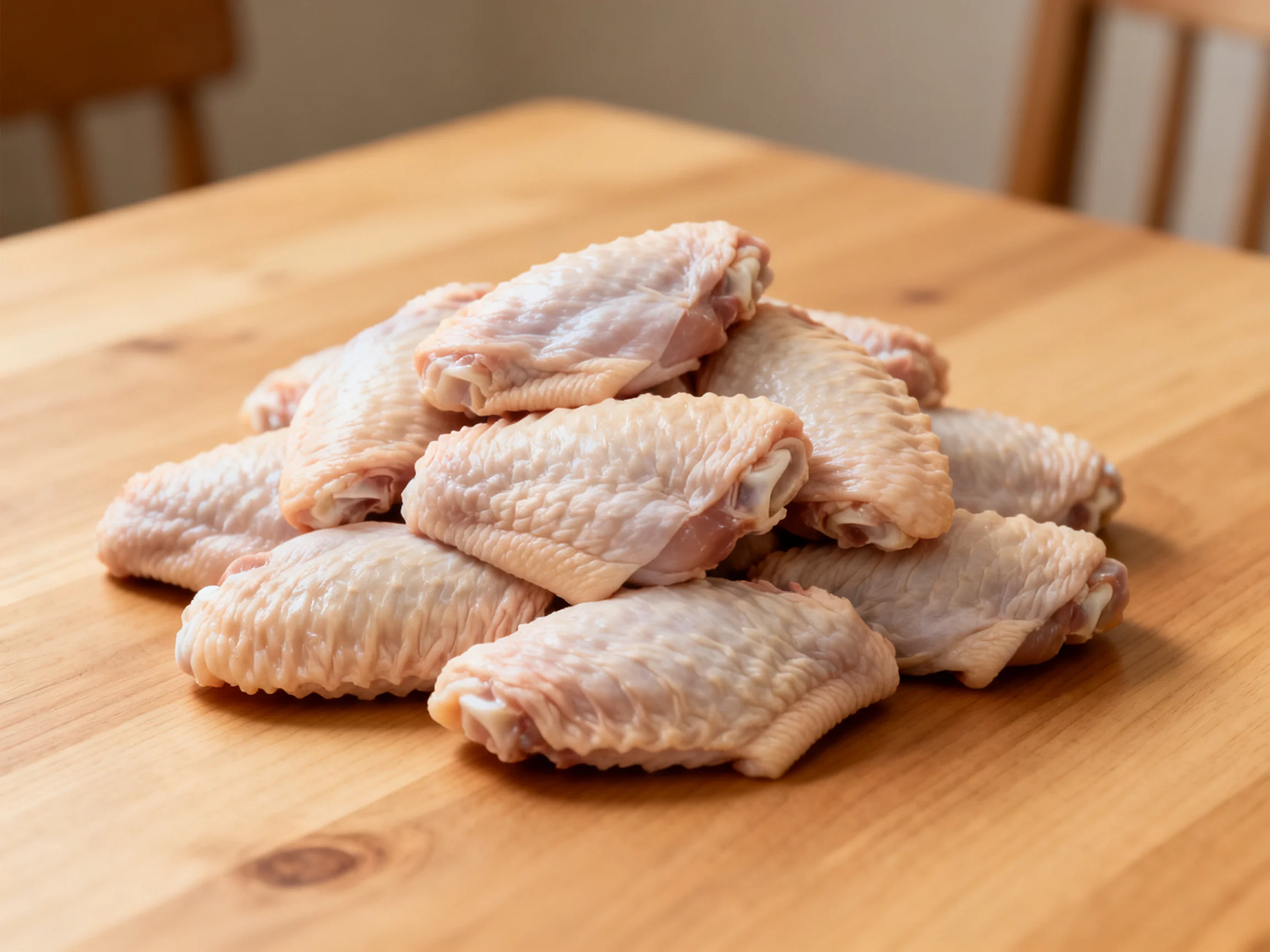 A pile of raw chicken wings on a polished wooden table