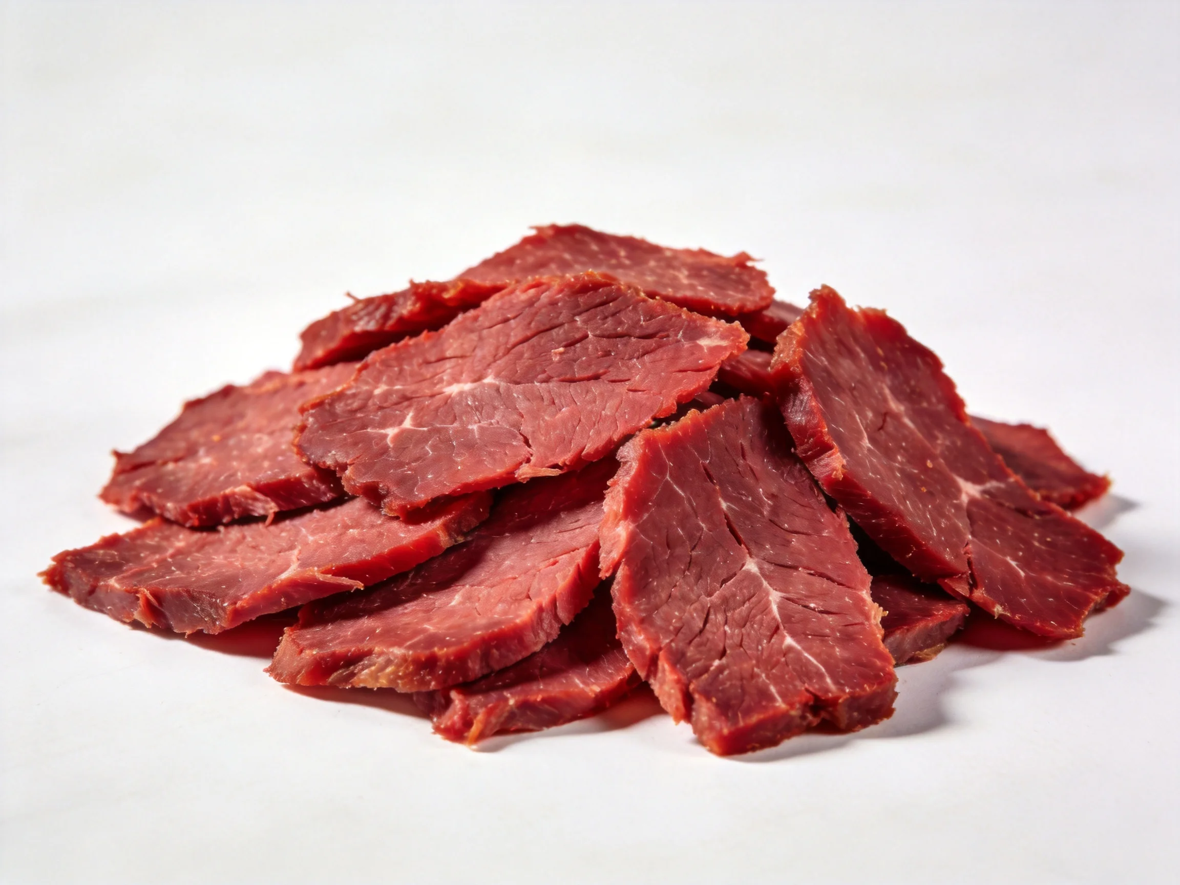 A pile of thinly sliced dark red cured meat