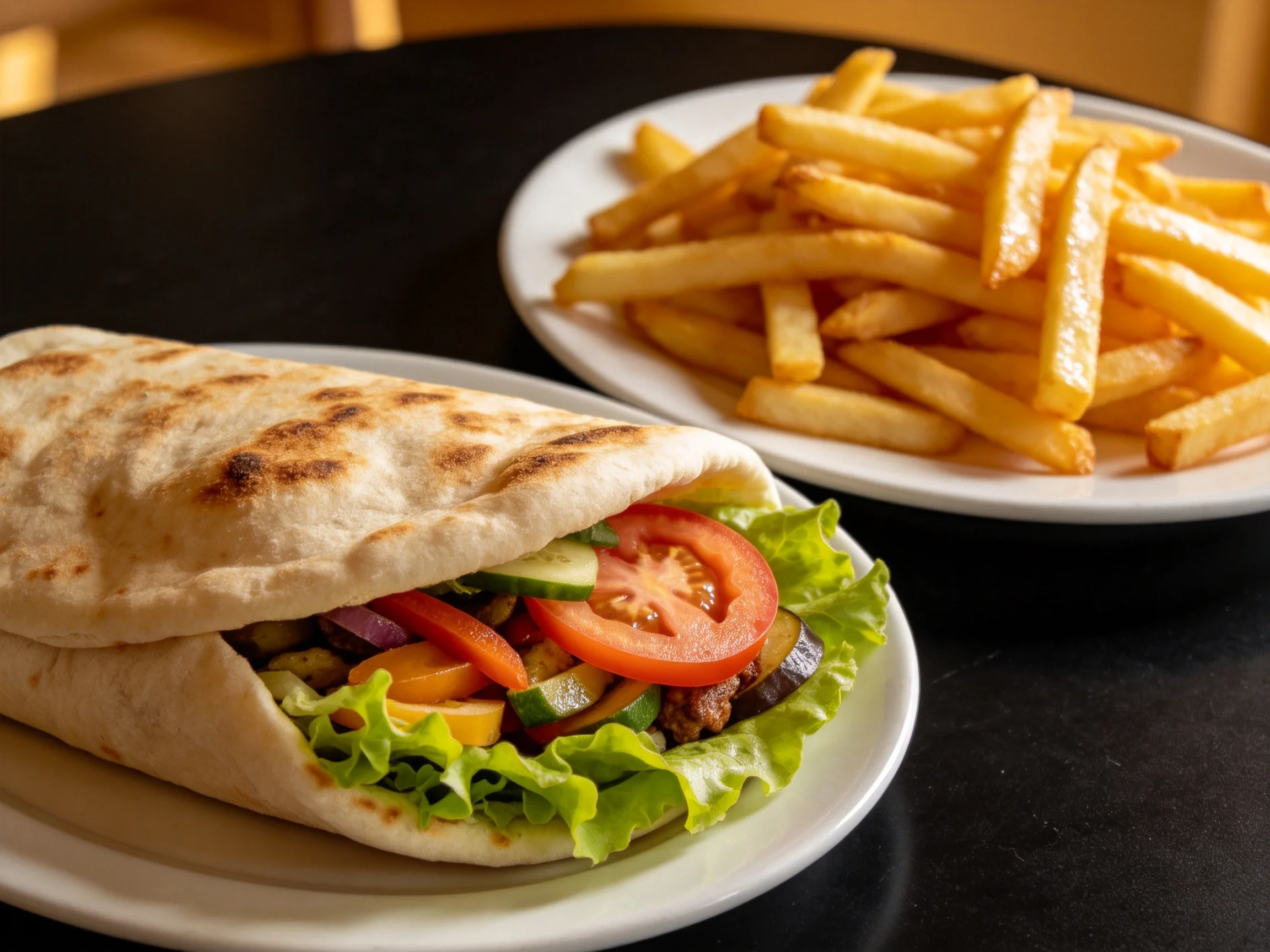 A pita wrap filled with fresh veggies beside golden French fries