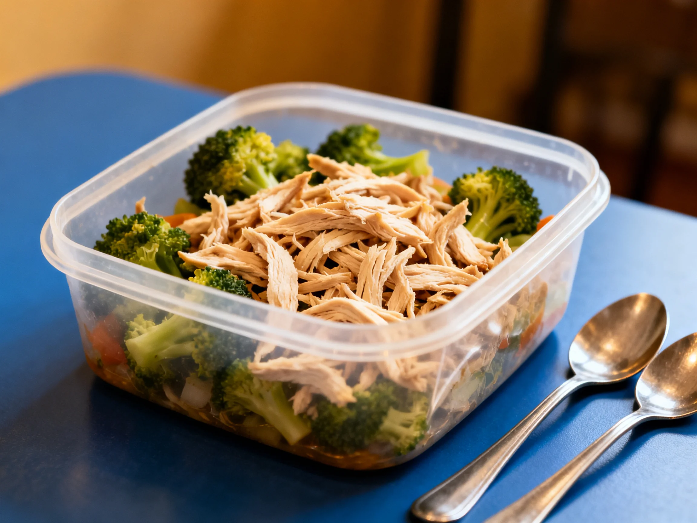 A plastic container with shredded chicken and broccoli on a blue table