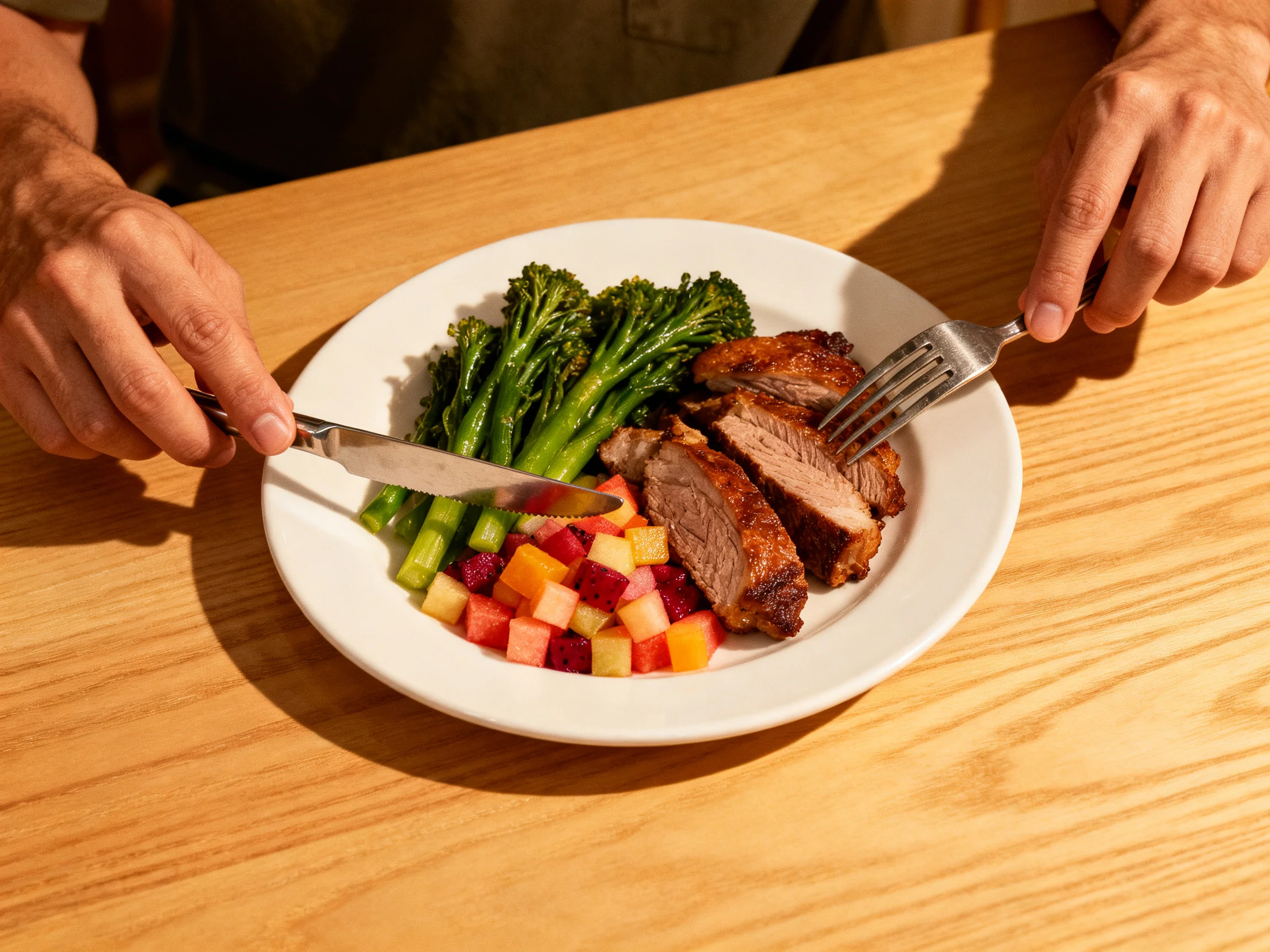 A plate featuring grilled meat, broccolini, and mixed fruit salad being cut