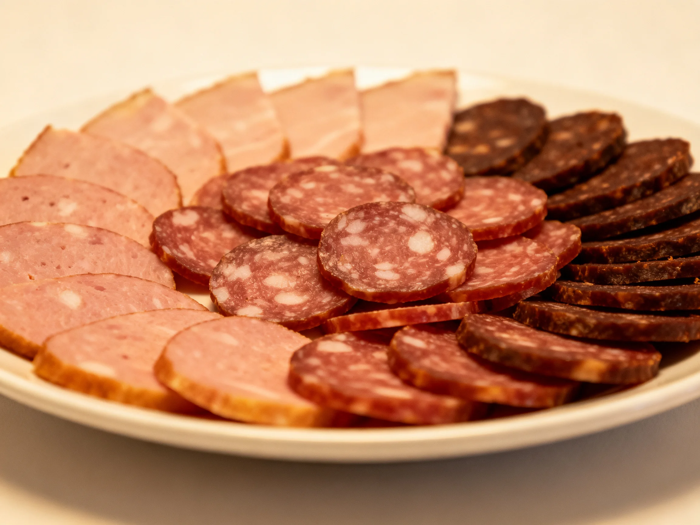 A plate filled with assorted sliced deli meats in varied earthy tones