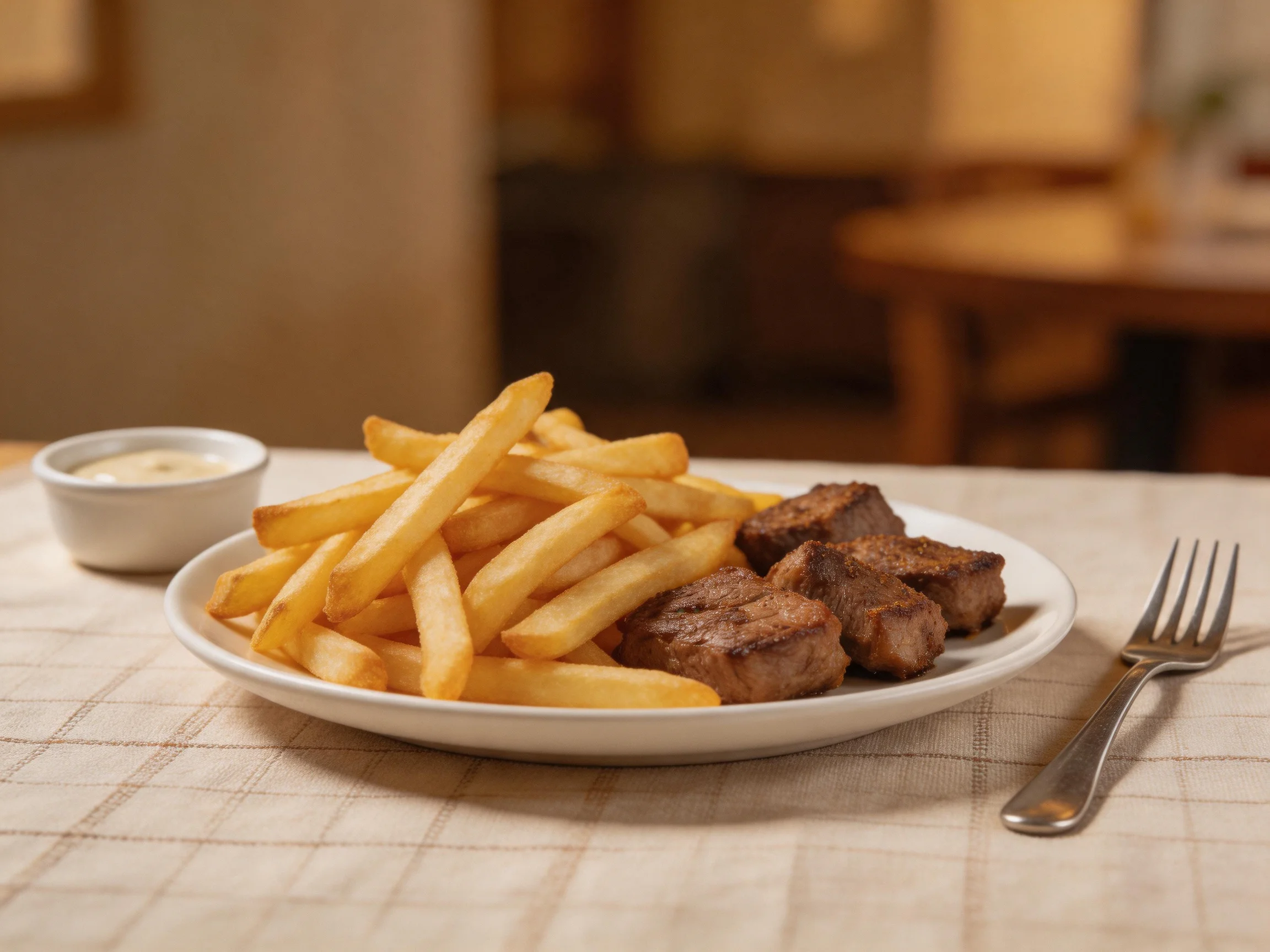 A plate holds golden fries, grilled meat, and a small sauce dish