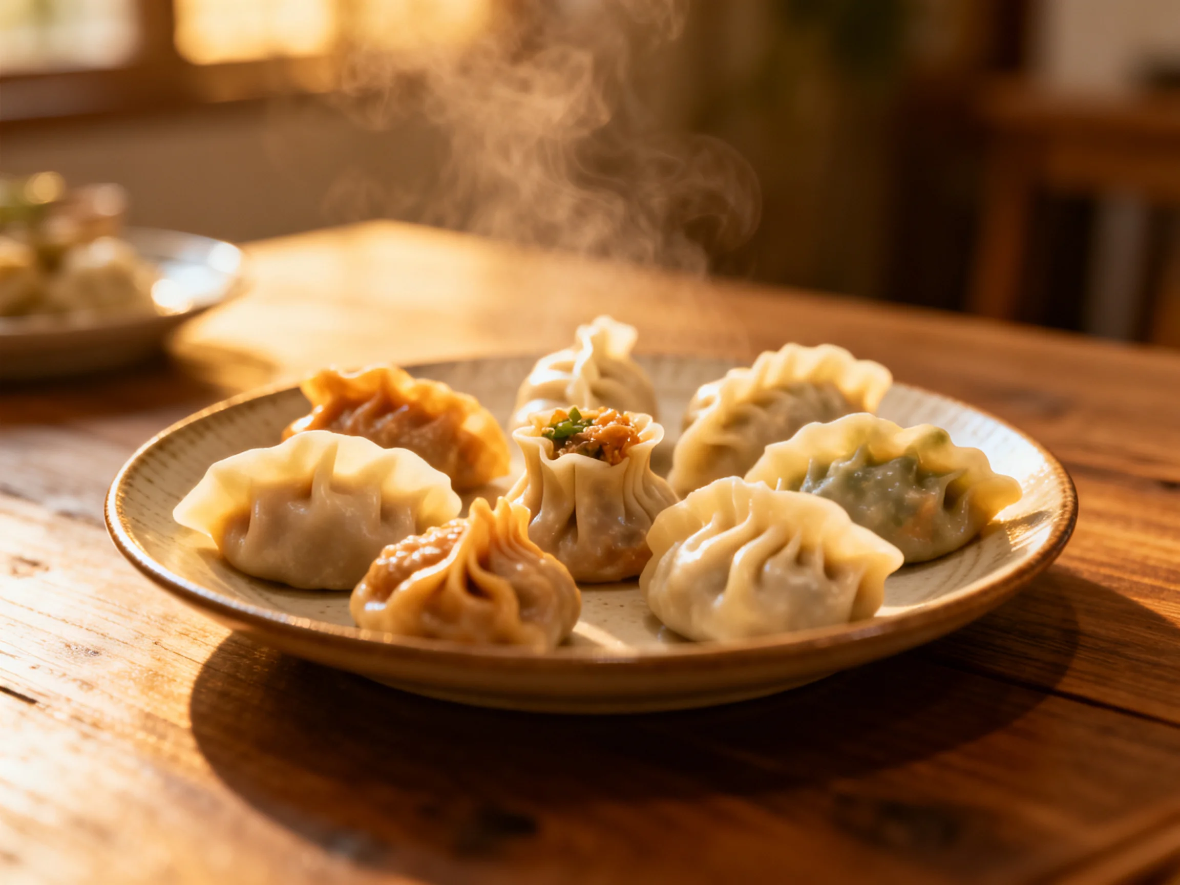A plate of assorted colorful steaming dumplings on a woodentable