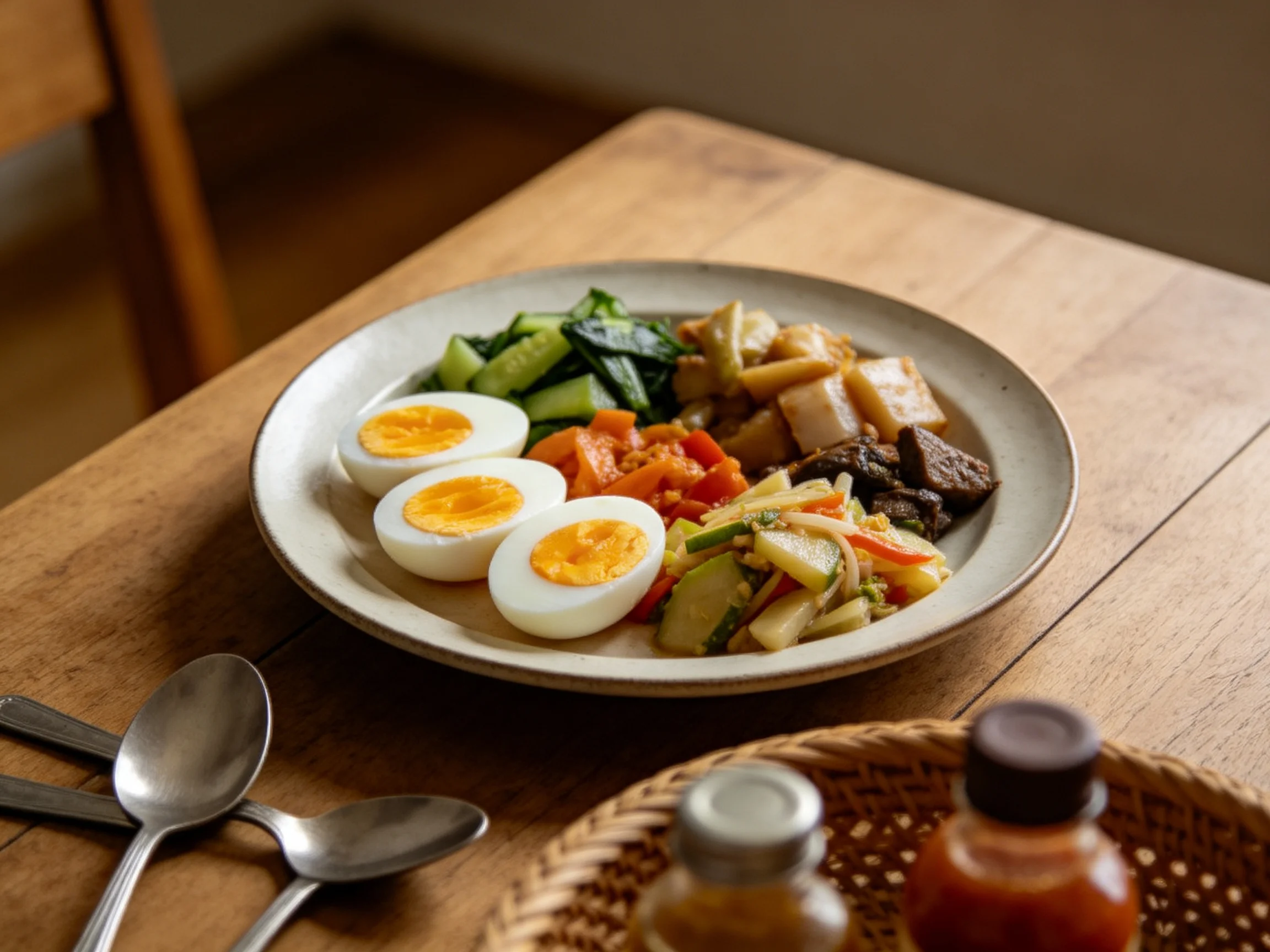 A plate of assorted foods with hard-boiled eggs and vegetable medley on a wooden table