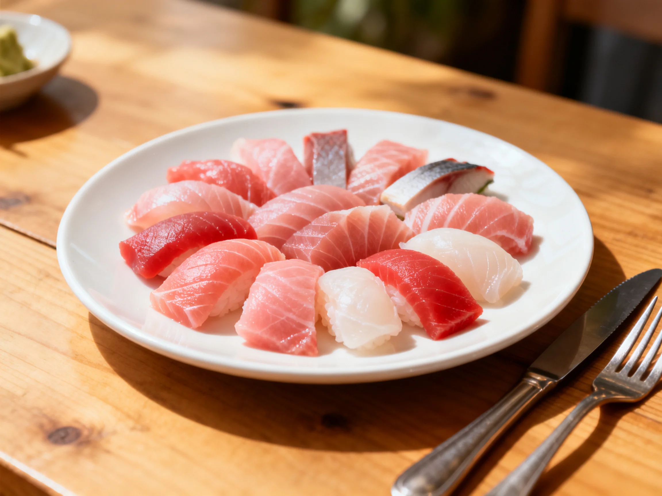 A plate of assorted raw fish nigiri sushi on a wooden table