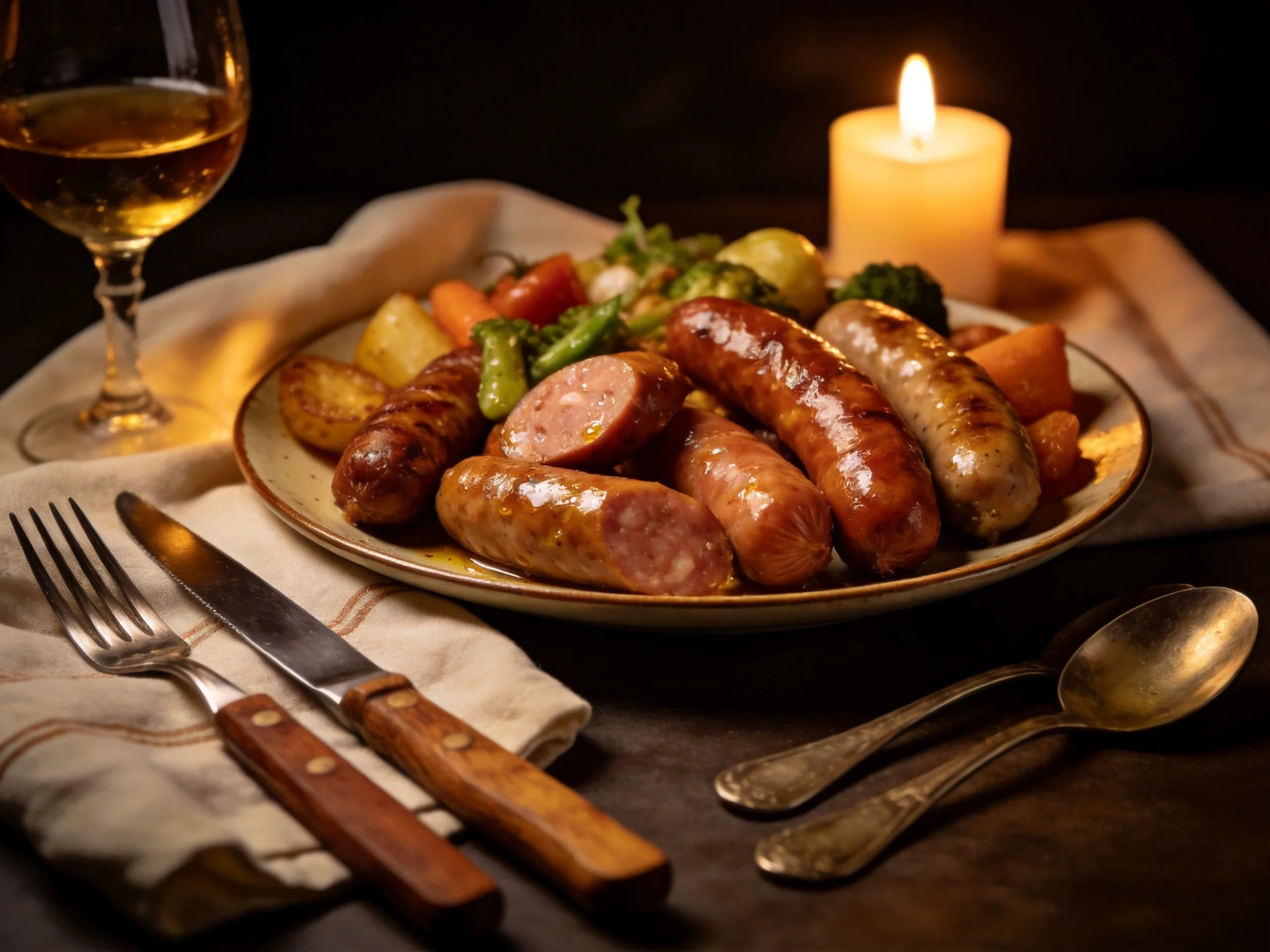 A plate of assorted sausages with roasted veggies, candlelight, and wine
