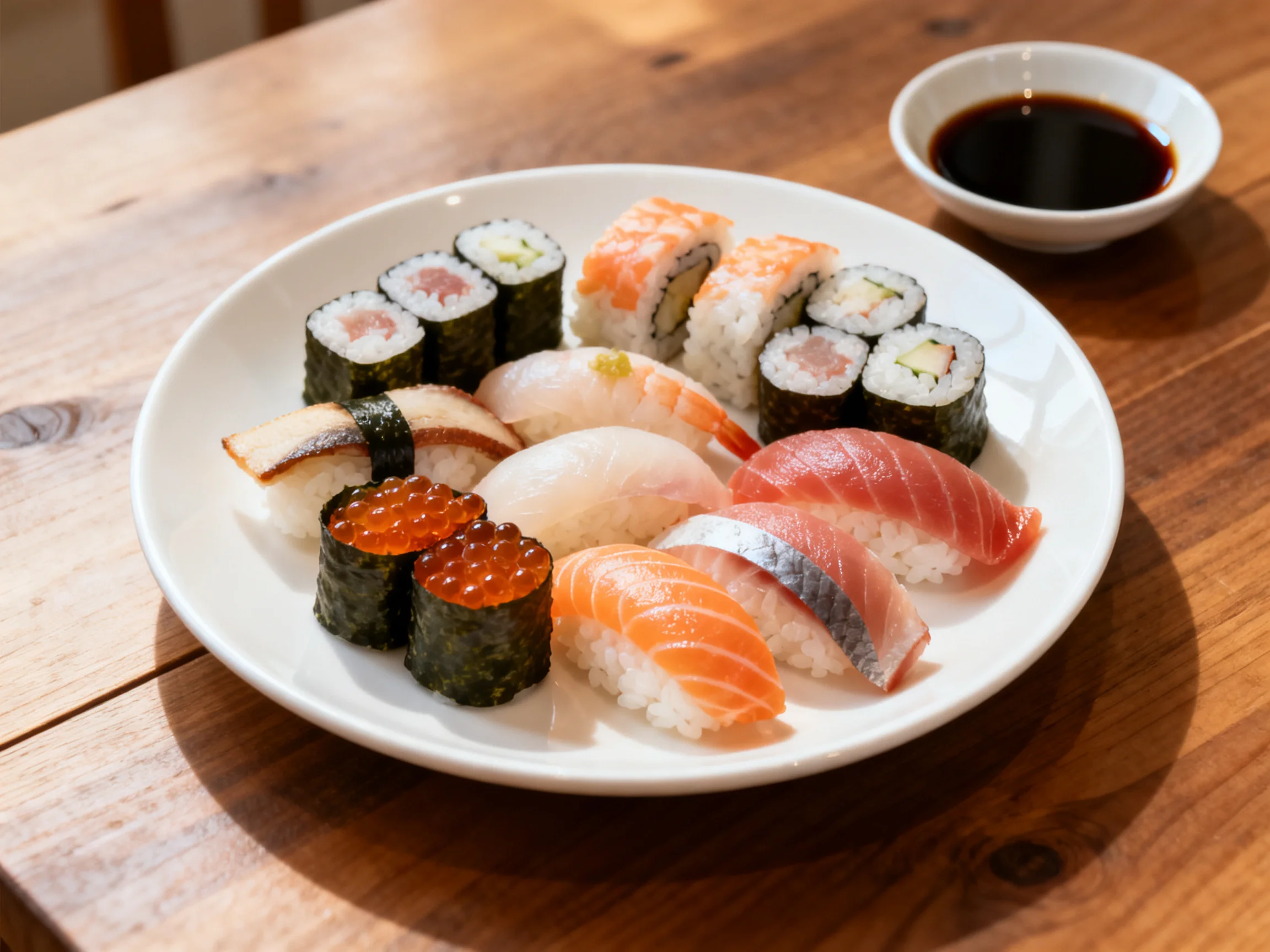 A plate of assorted sushi with vibrant fish and seaweed rolls