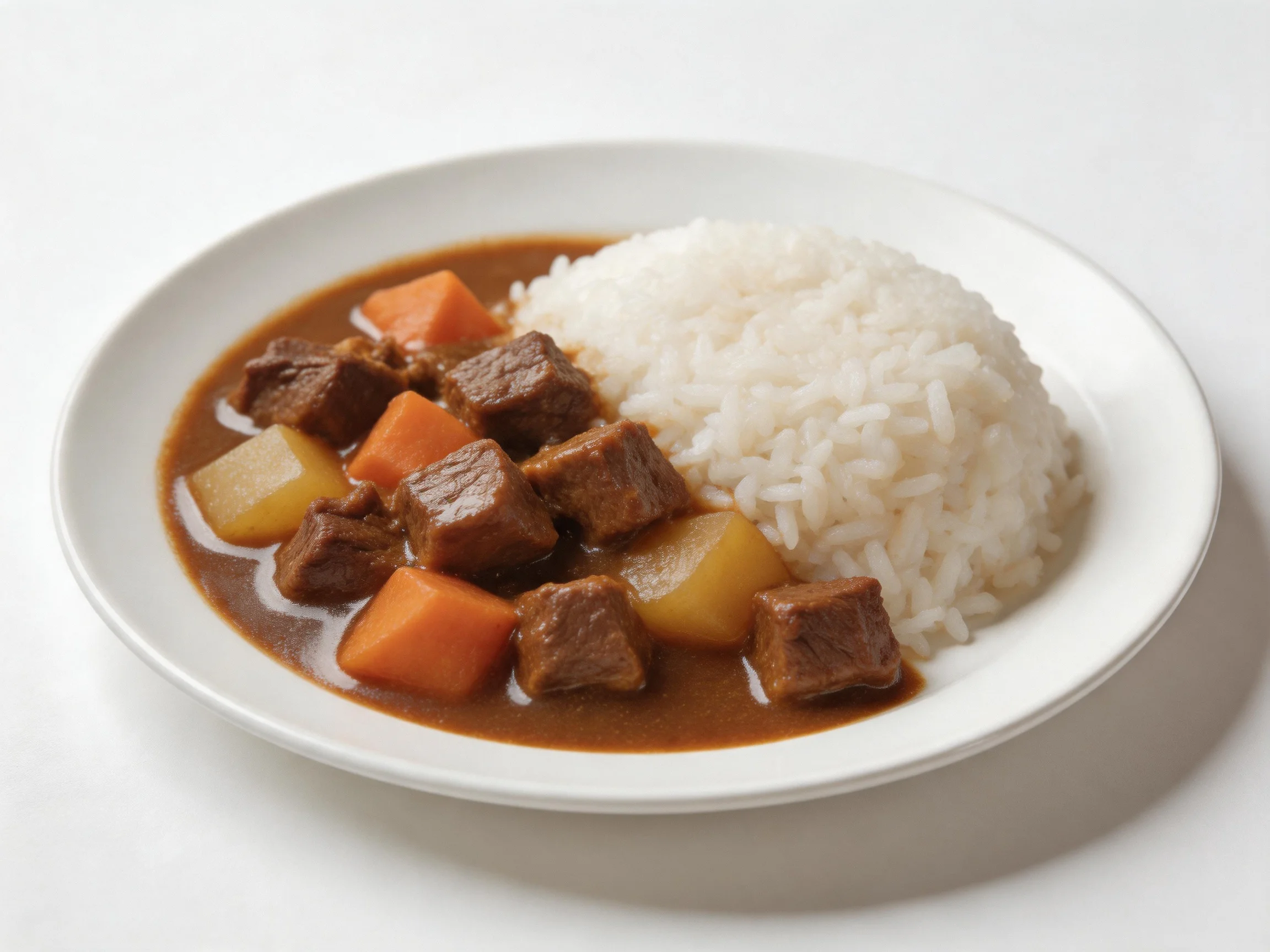 A plate of beef curry, rice, and mixed vegetables
