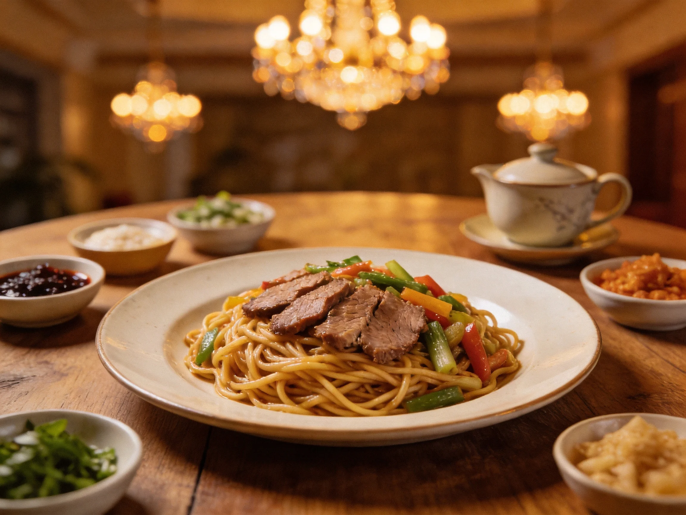 A plate of beef lo mein with colorful veggies and side dishes in an elegant dining room