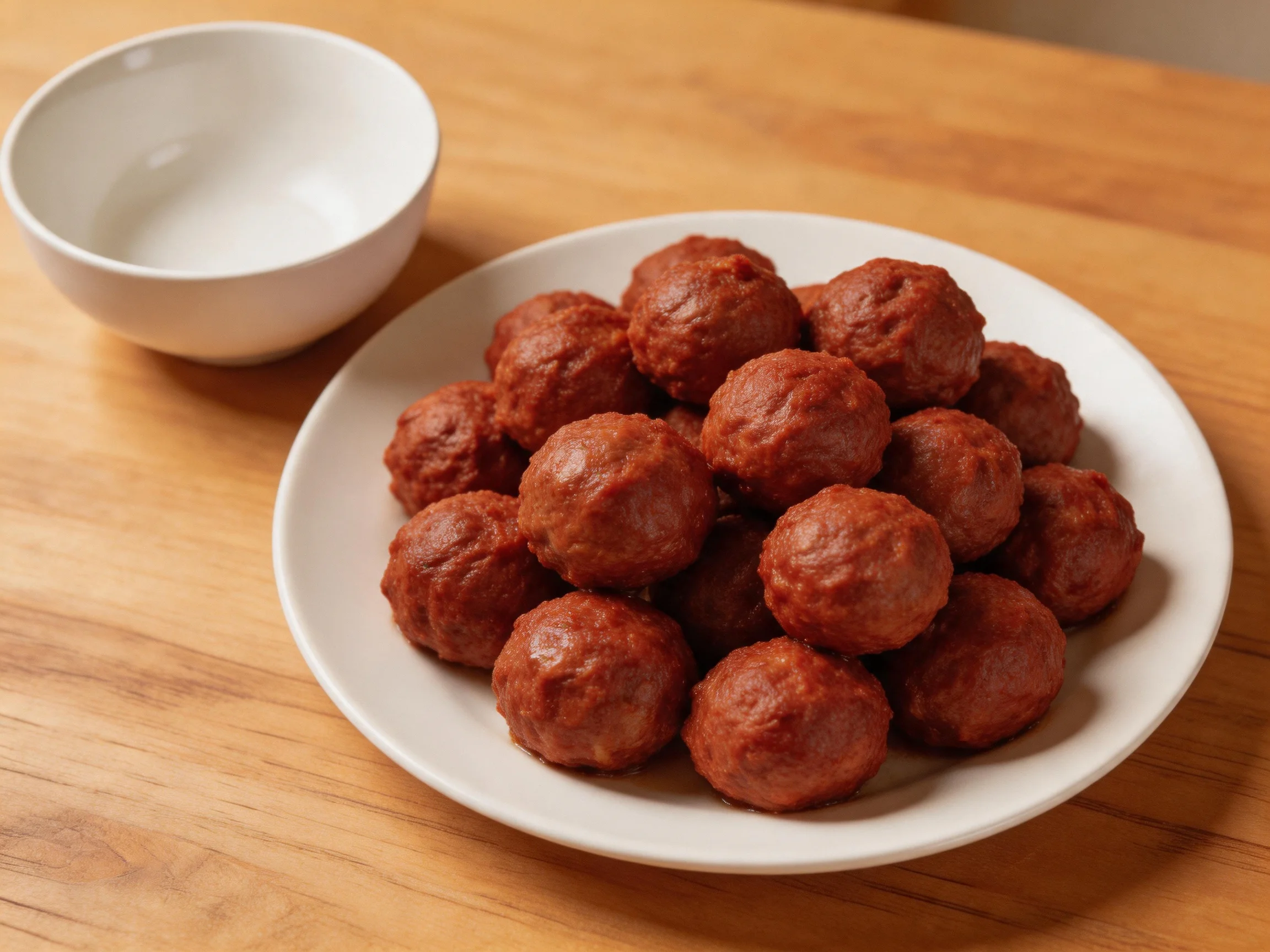 A plate of brown meatballs beside an empty white bowl