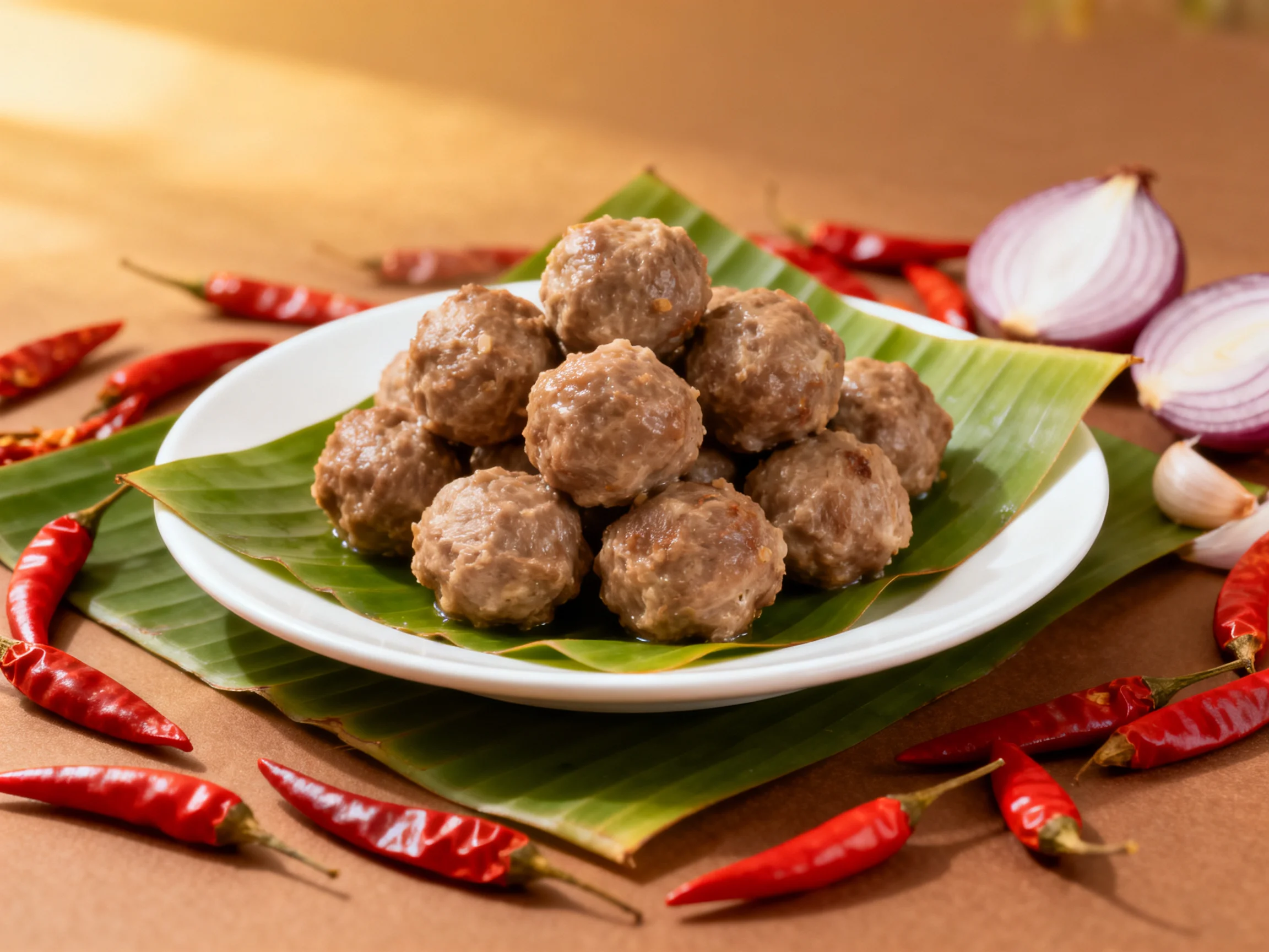 A plate of brown meatballs on green banana leaf with red chilies