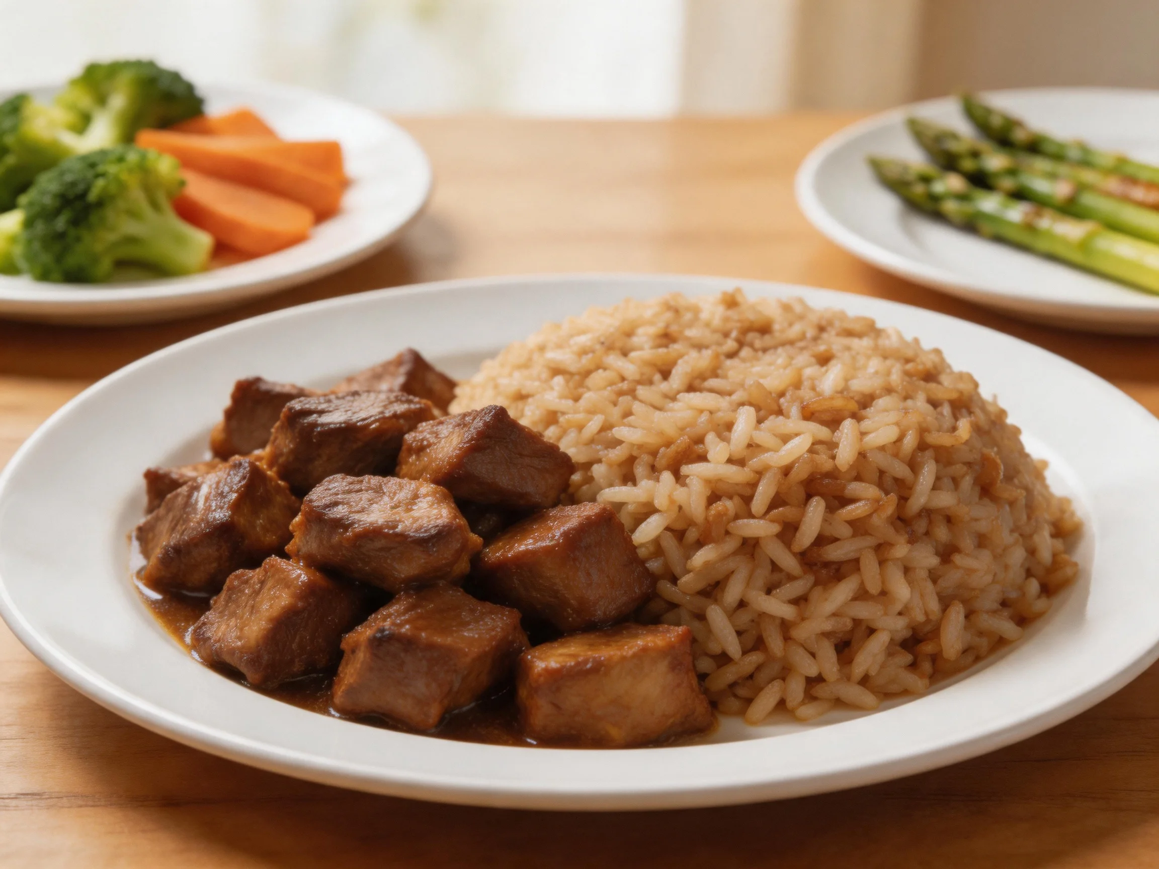 A plate of brown rice and glazed meat with vegetable sides