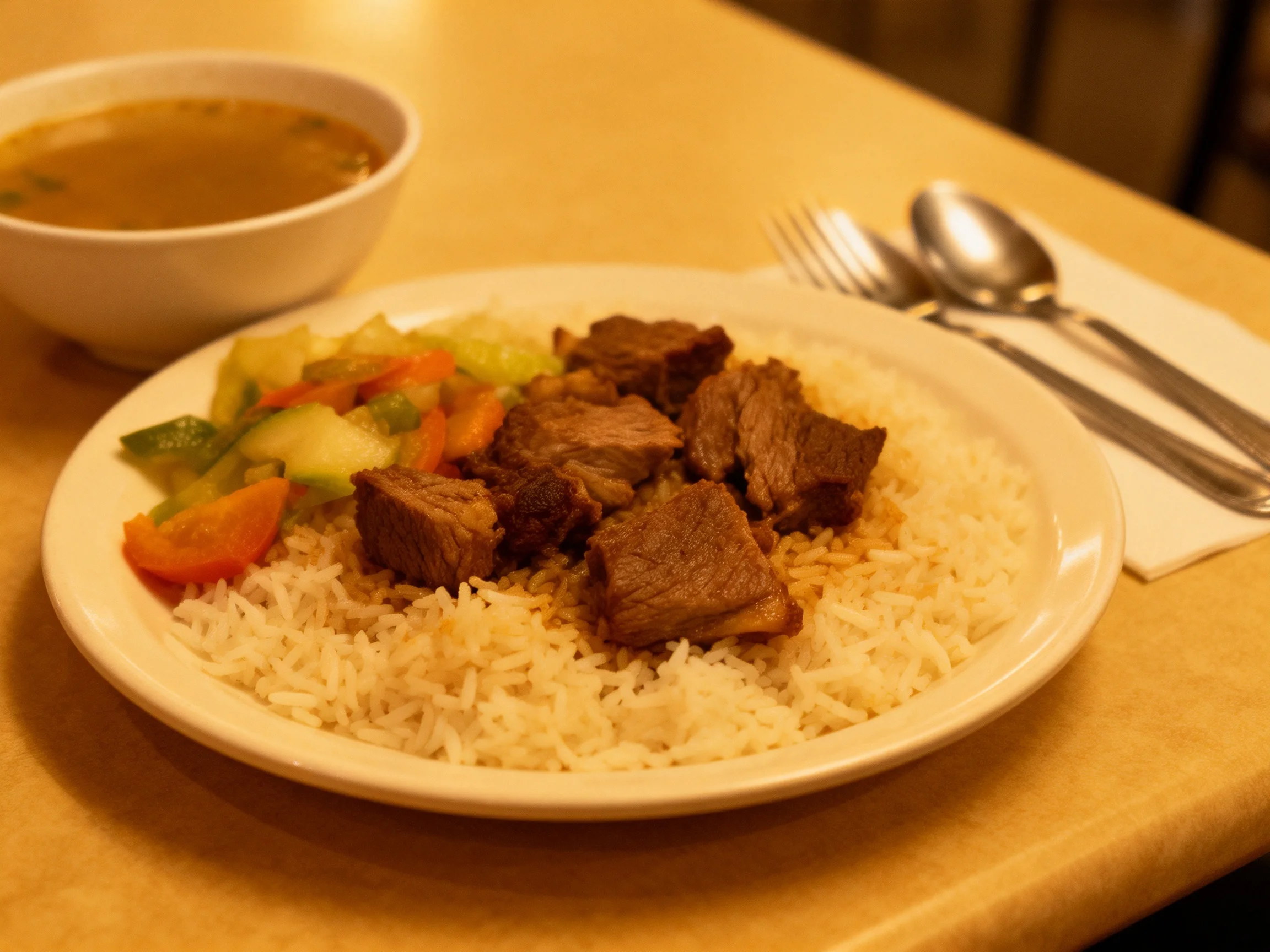 A plate of browned beef, white rice, and mixed vegetables with a bowl of broth