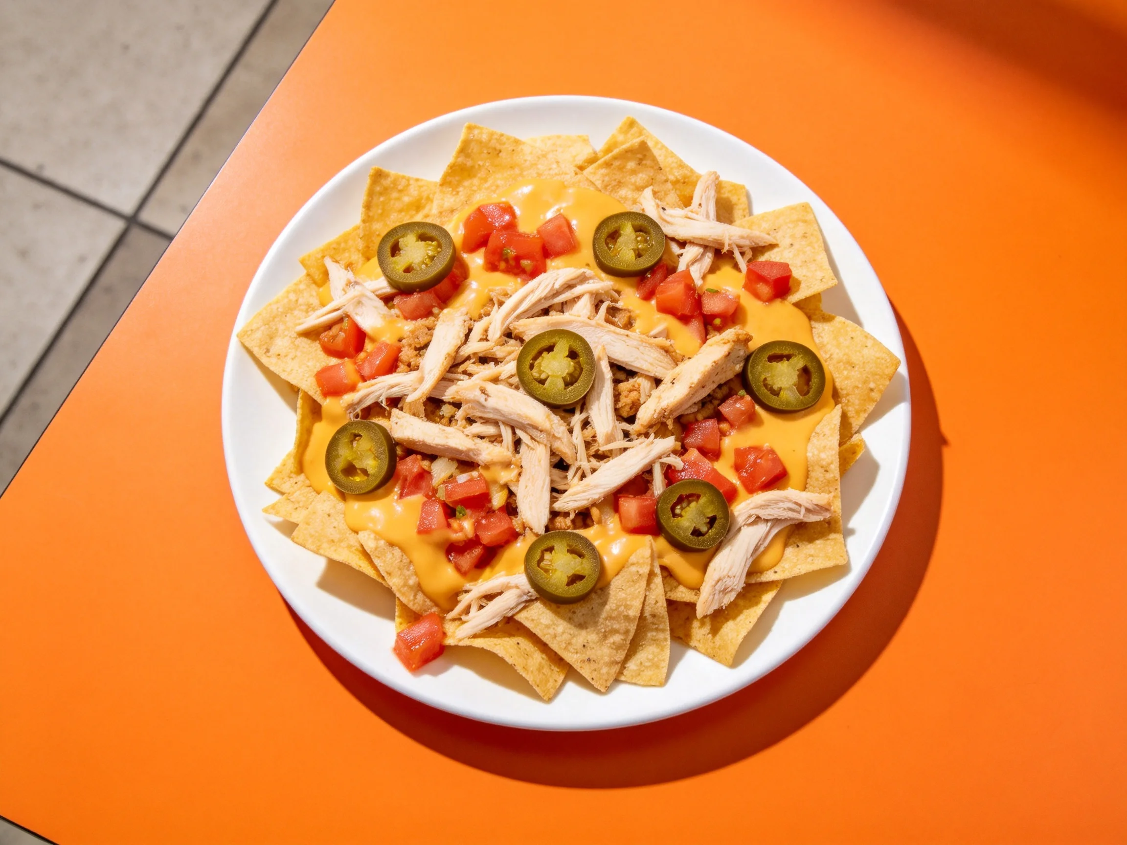 A plate of cheesy chicken nachos topped with jalapenos and diced tomatoes