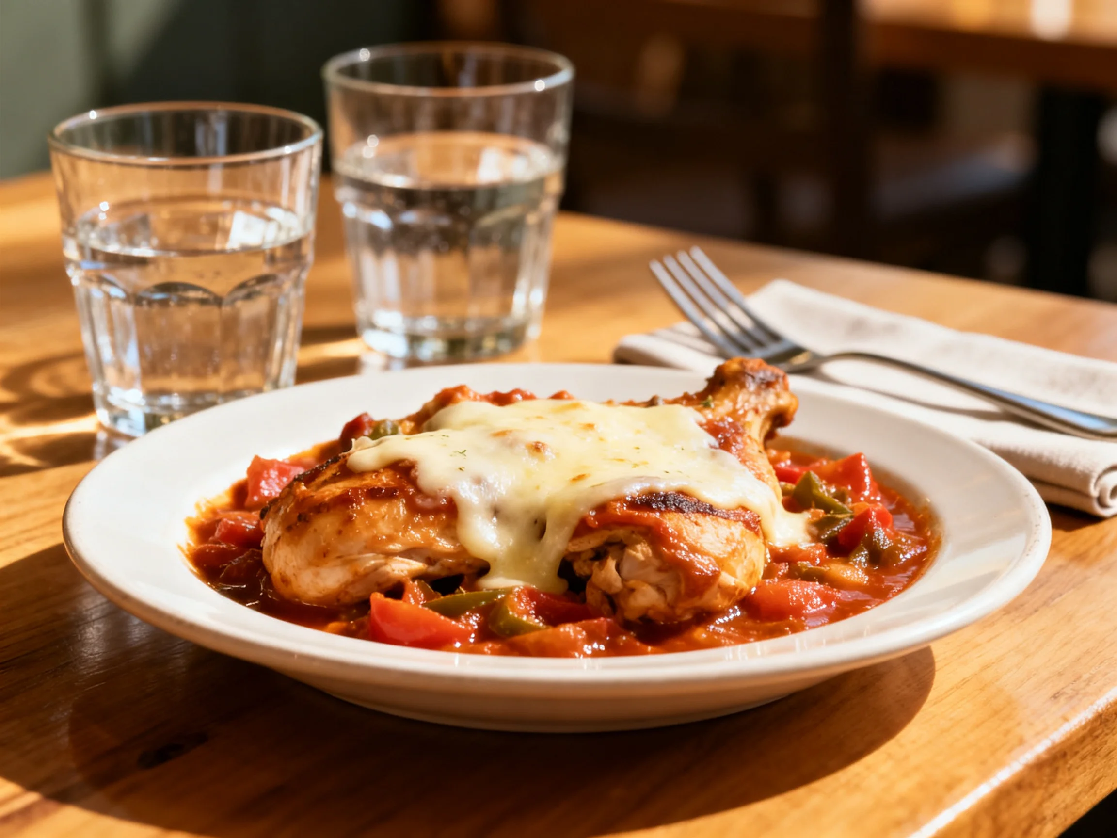 A plate of cheesy chicken with tomato sauce near two glasses of water