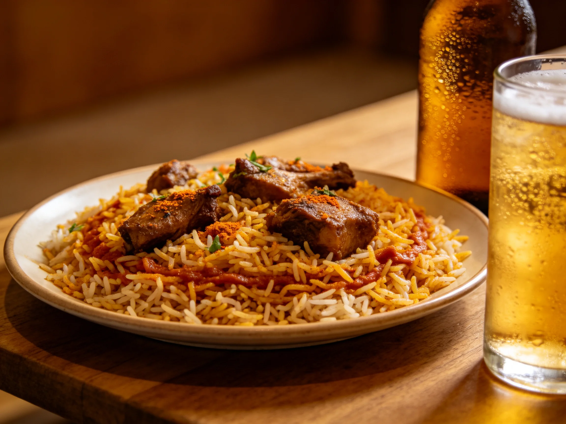 A plate of colorful spiced rice with grilled meat beside chilled drinks