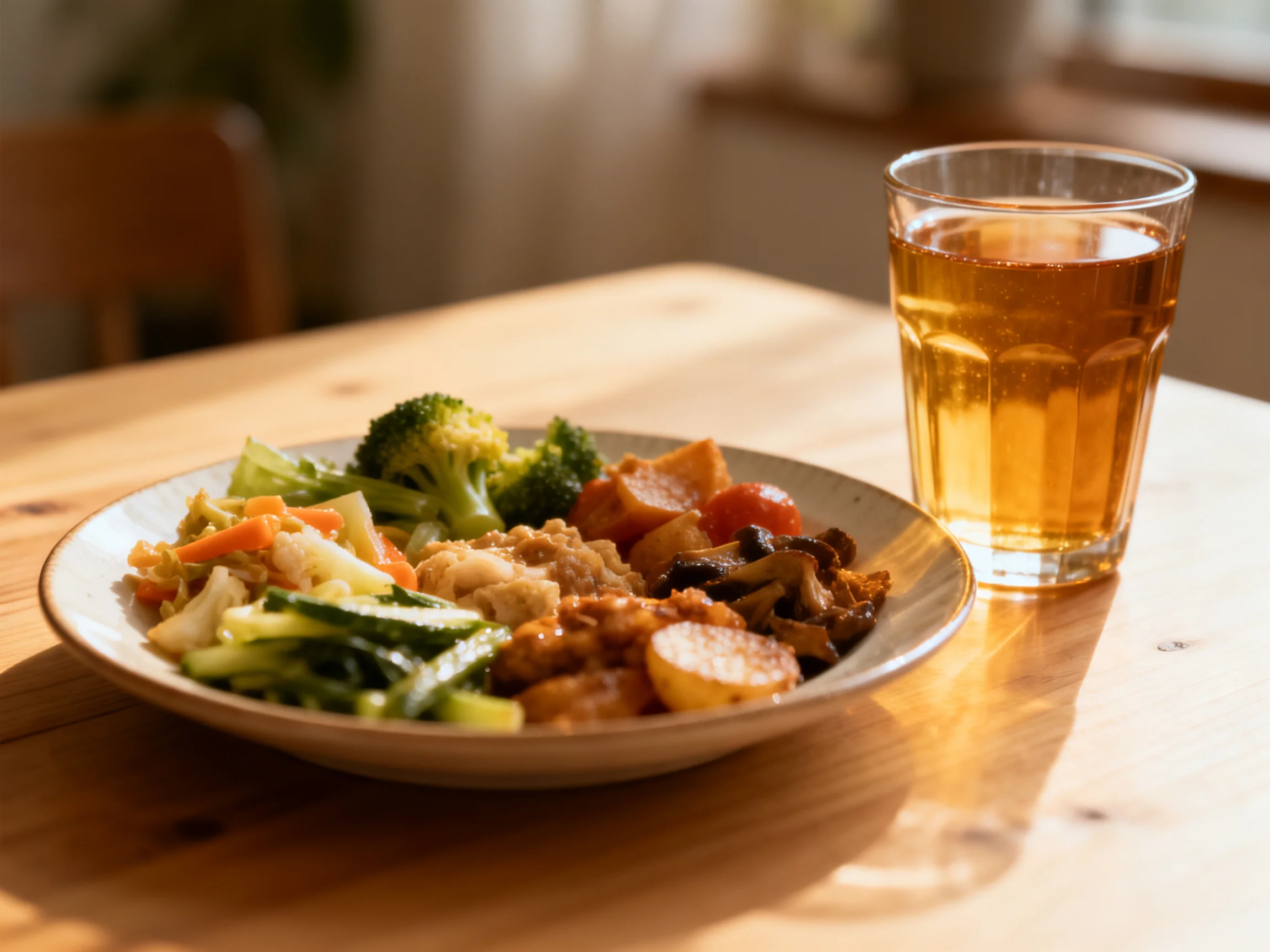 A plate of colorful vegetables and grains near a glass of amber liquid