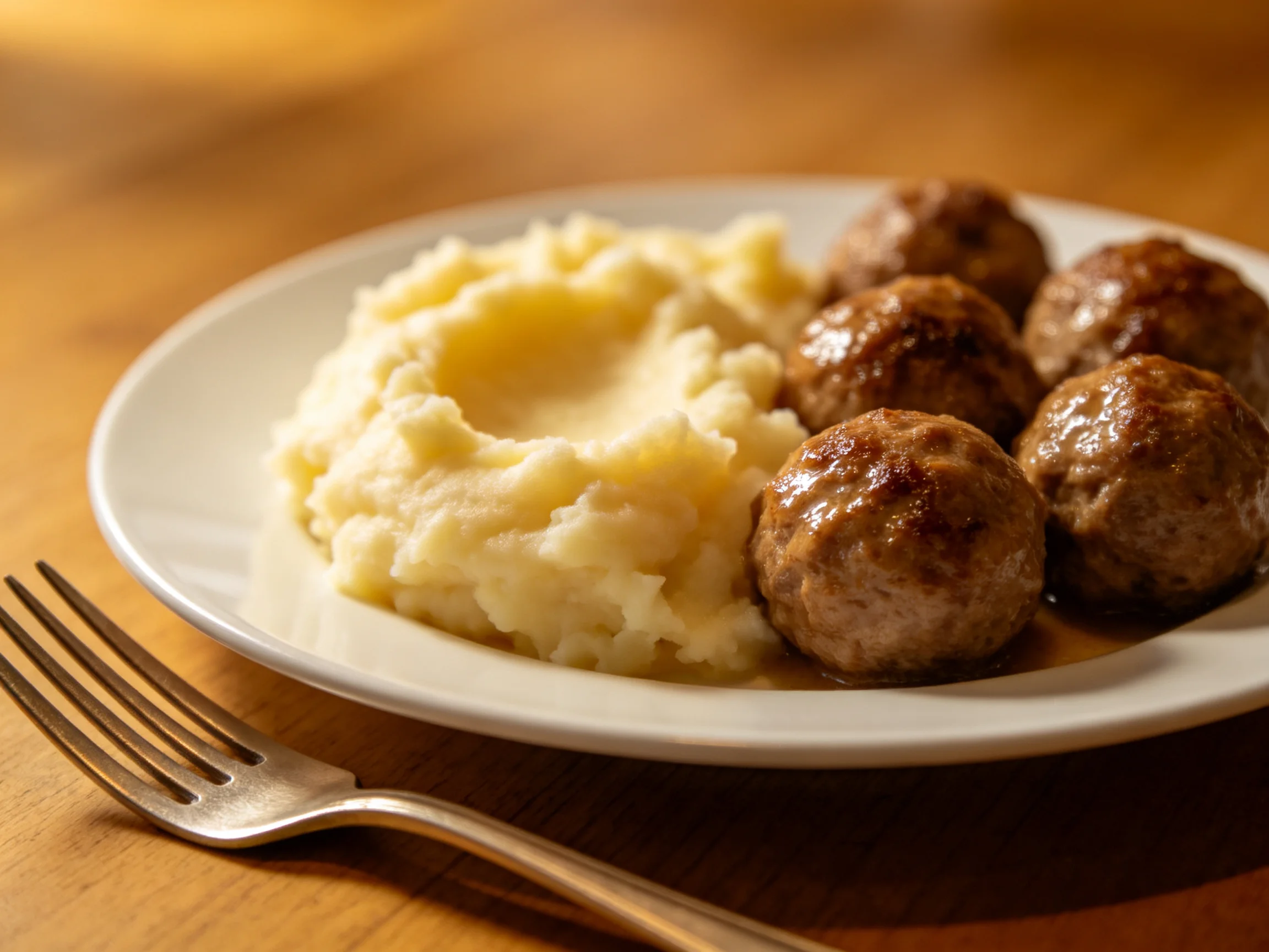 A plate of creamy mashed potatoes with five browned meatballs
