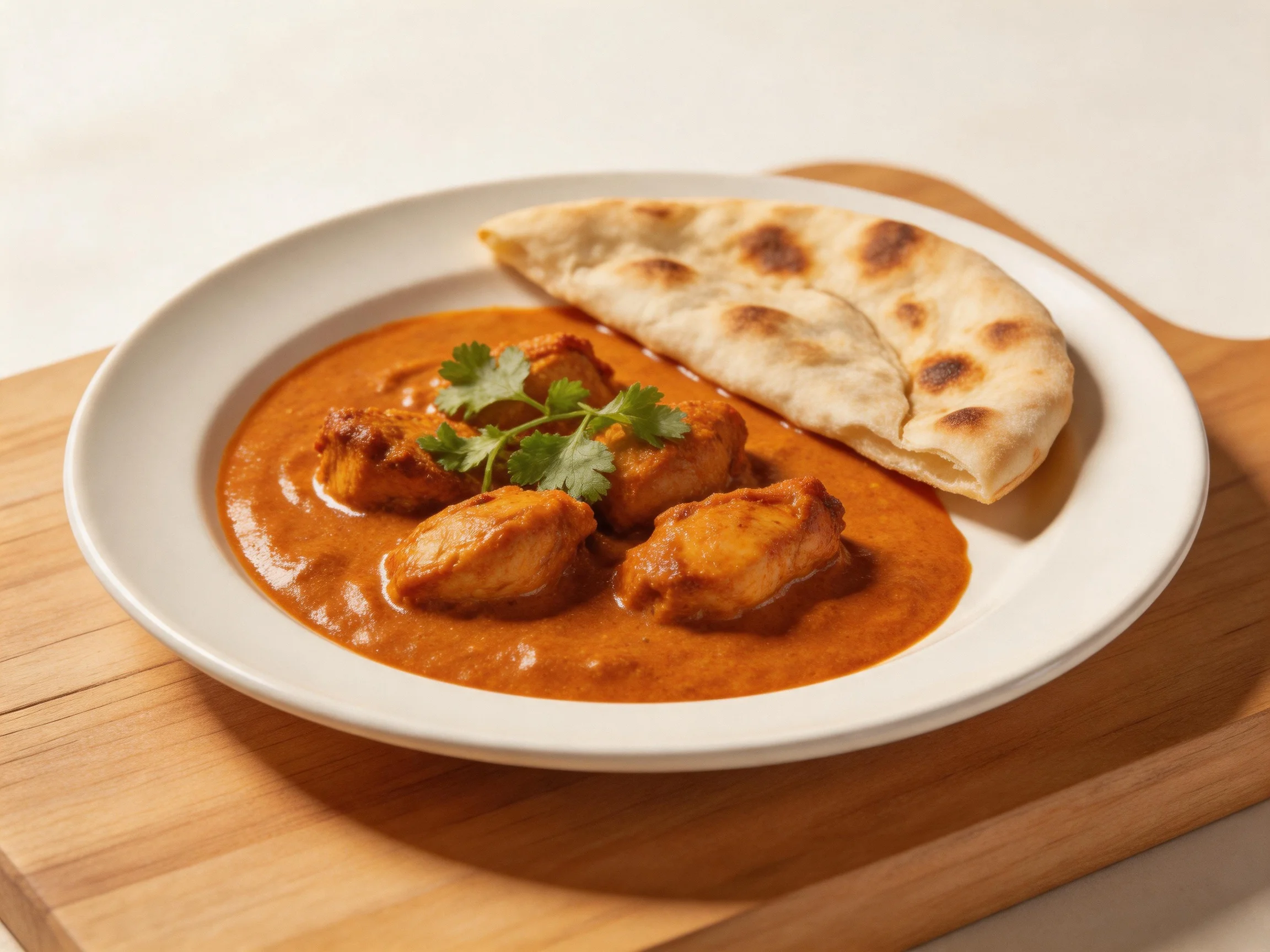A plate of creamy orange chicken curry with naan bread