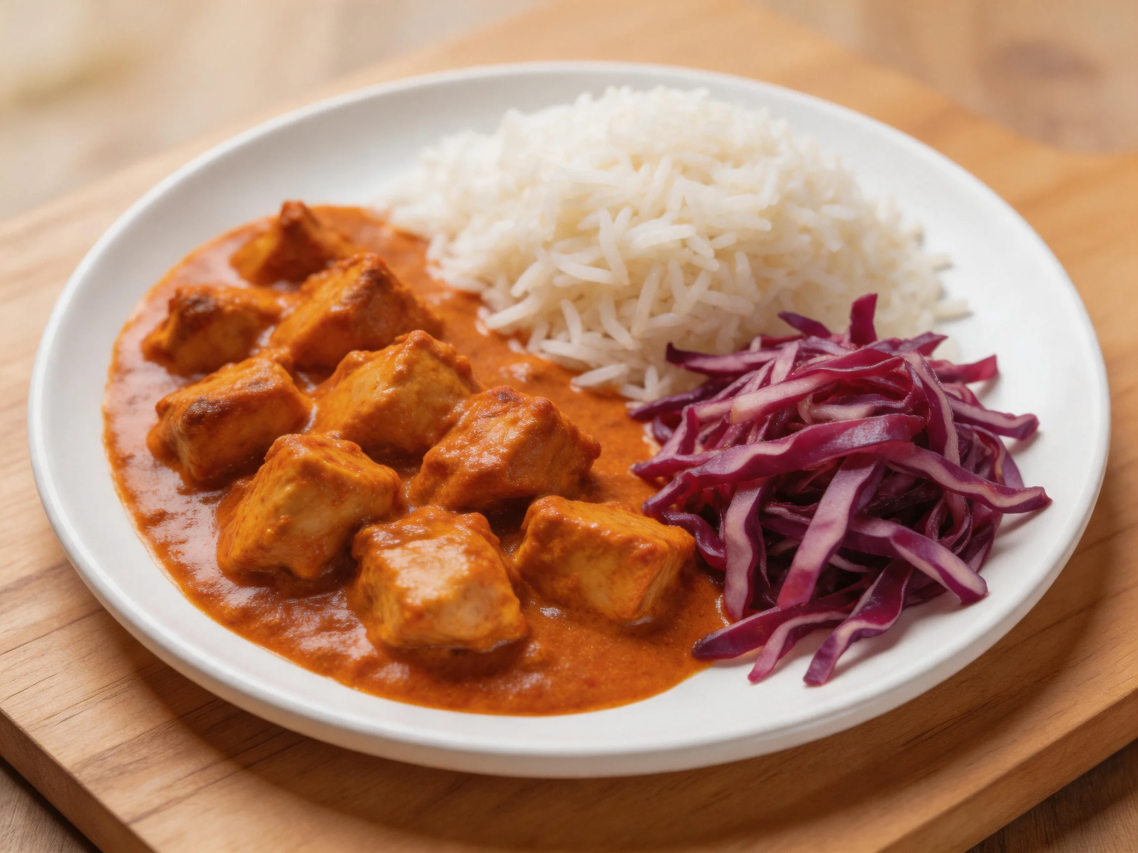 A plate of creamy orange curry, white rice, and purple cabbage