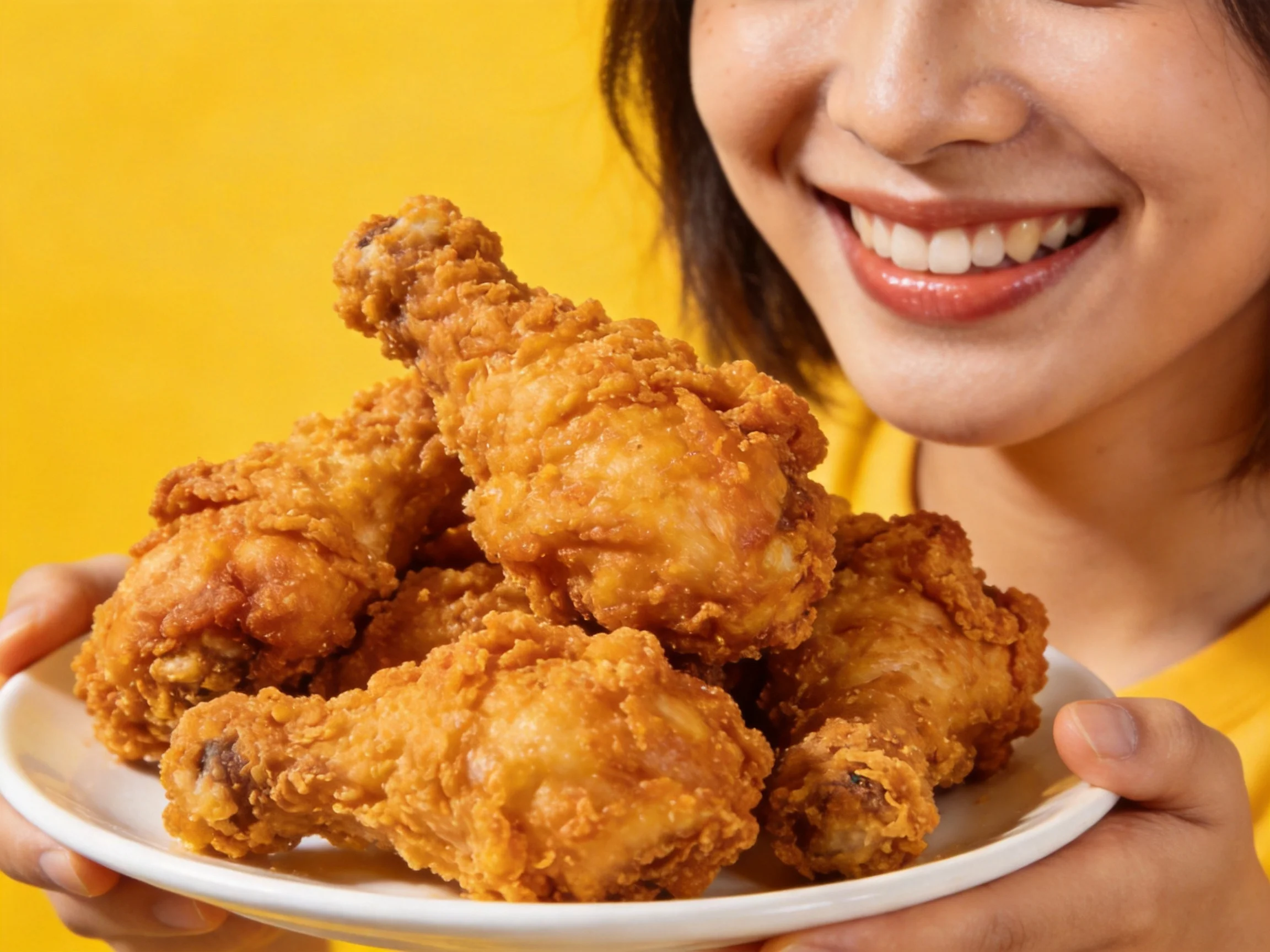 A plate of crispy fried chicken against a bright yellow background