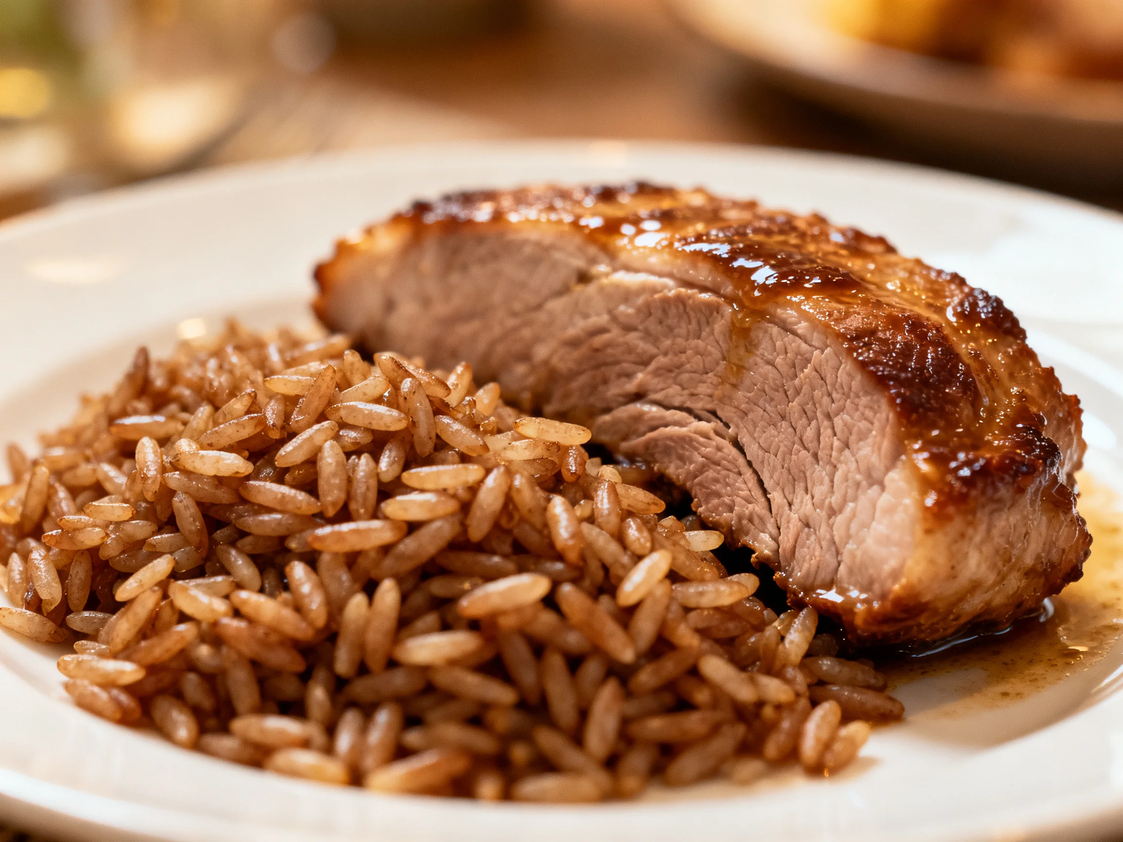 A plate of glazed roasted pork with seasoned brown rice