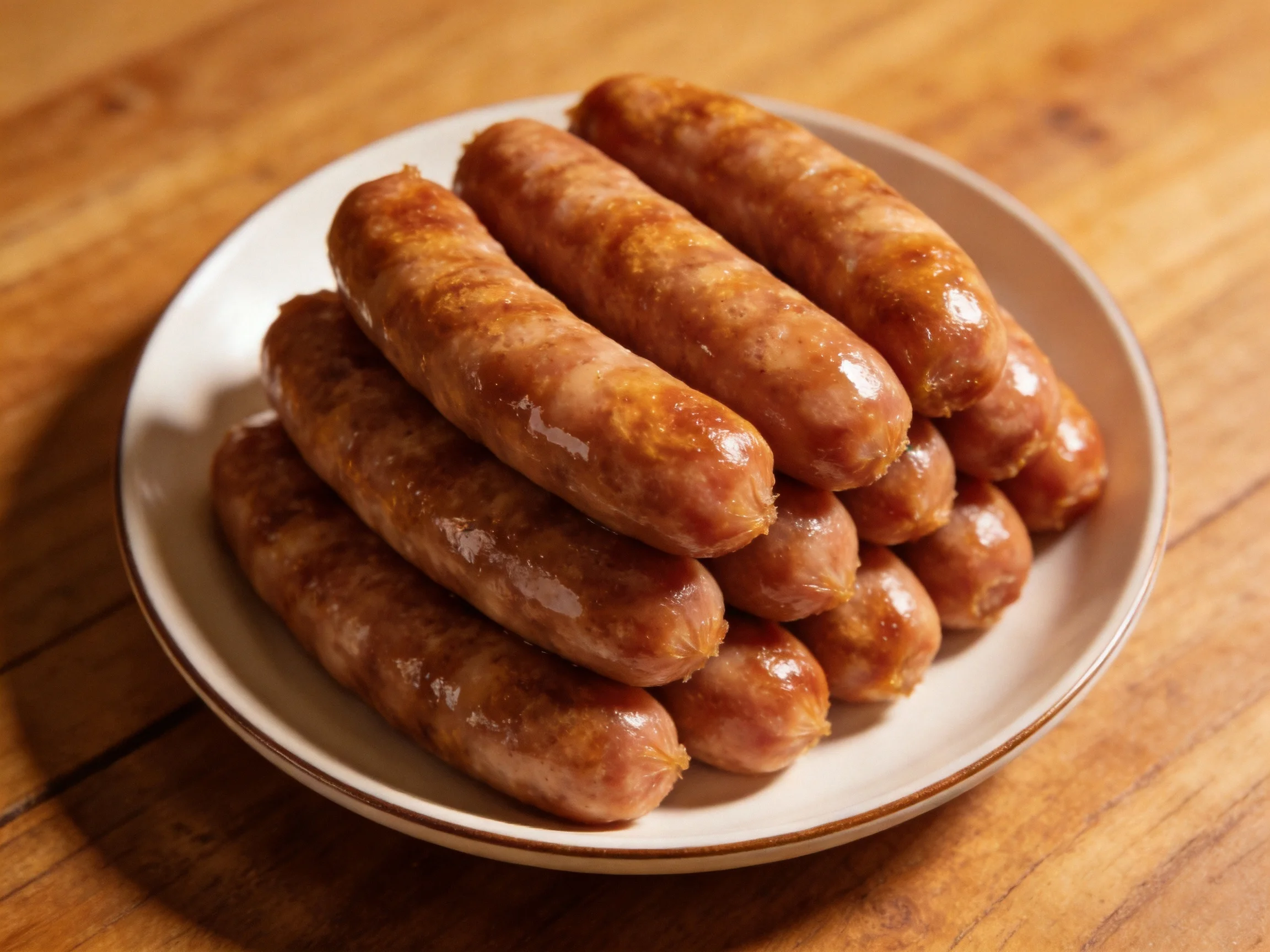 A plate of glossy brown sausages stacked in a white bowl
