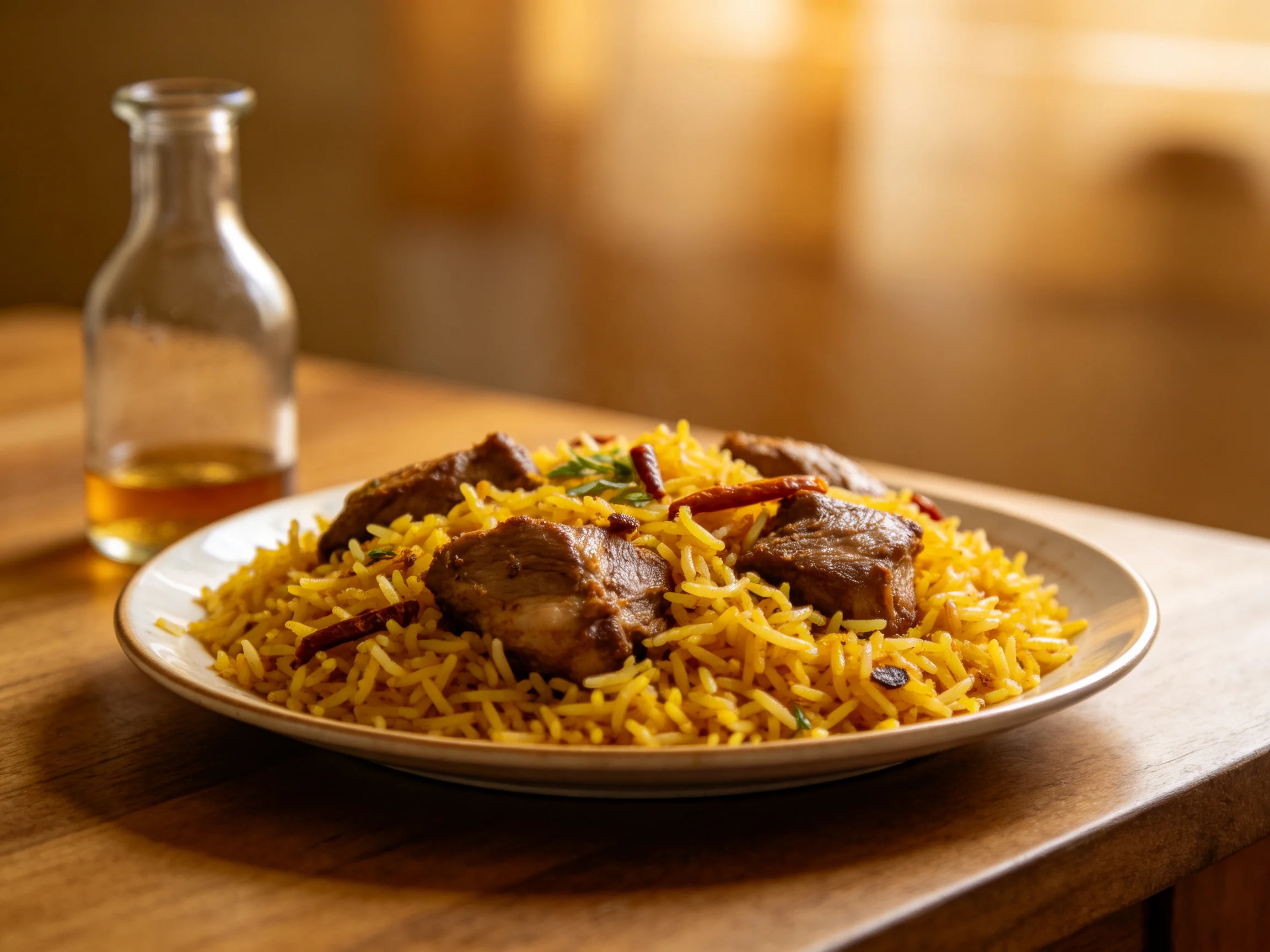 A plate of golden biryani with tender meat chunks