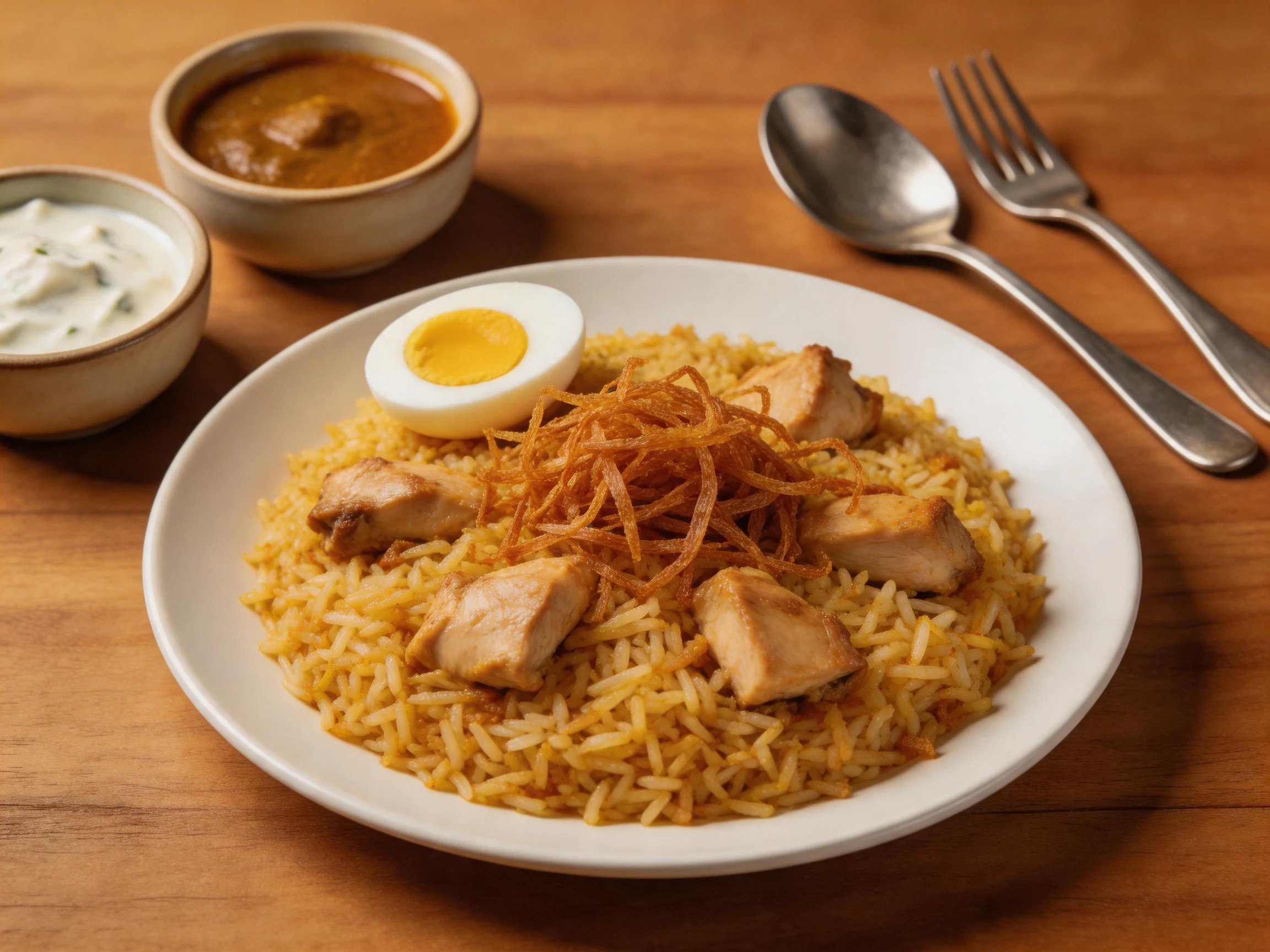 A plate of golden-brown biryani with chicken, egg, and two side sauces