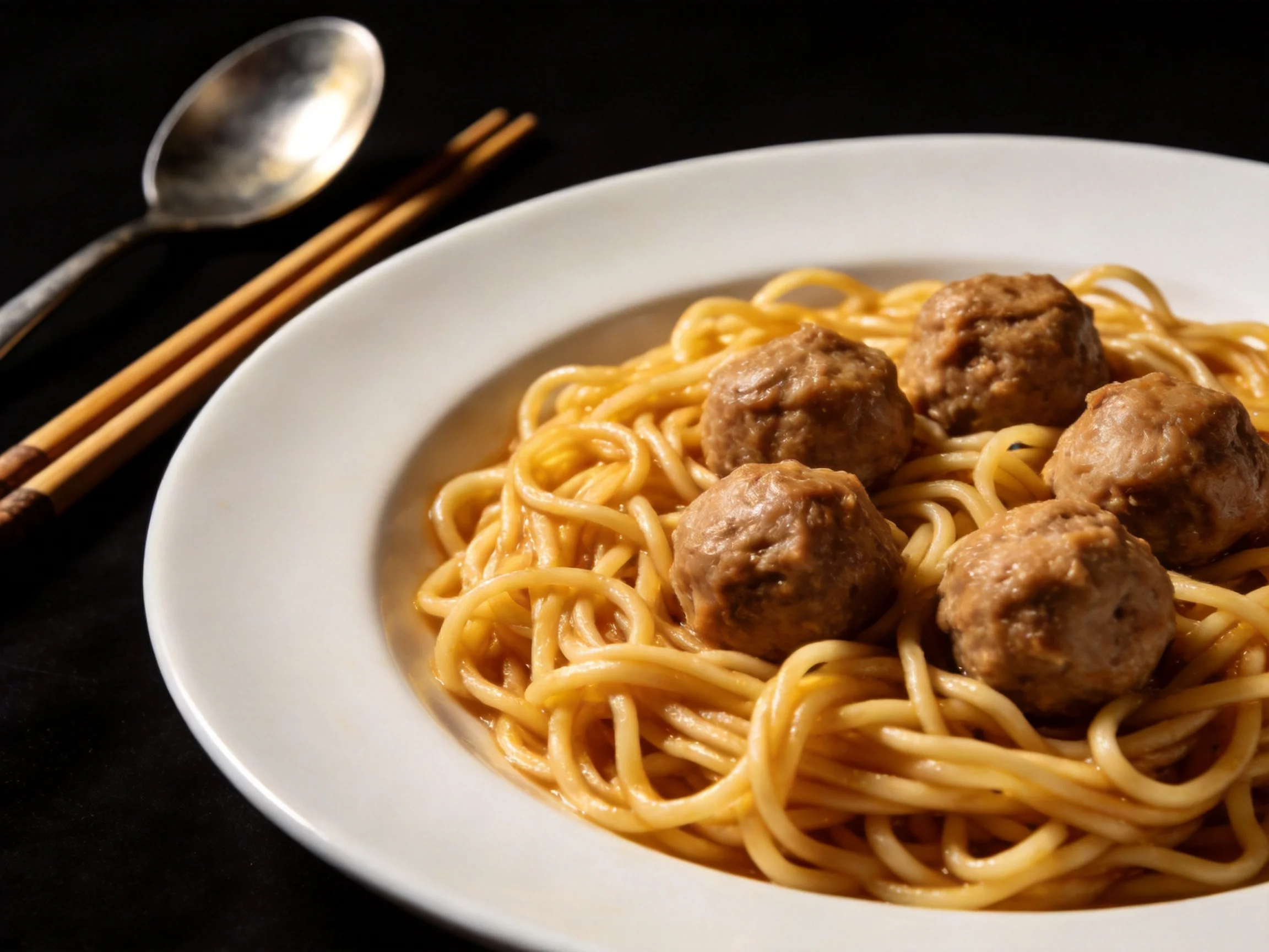 A plate of golden spaghetti with brown meatballs on a white dish