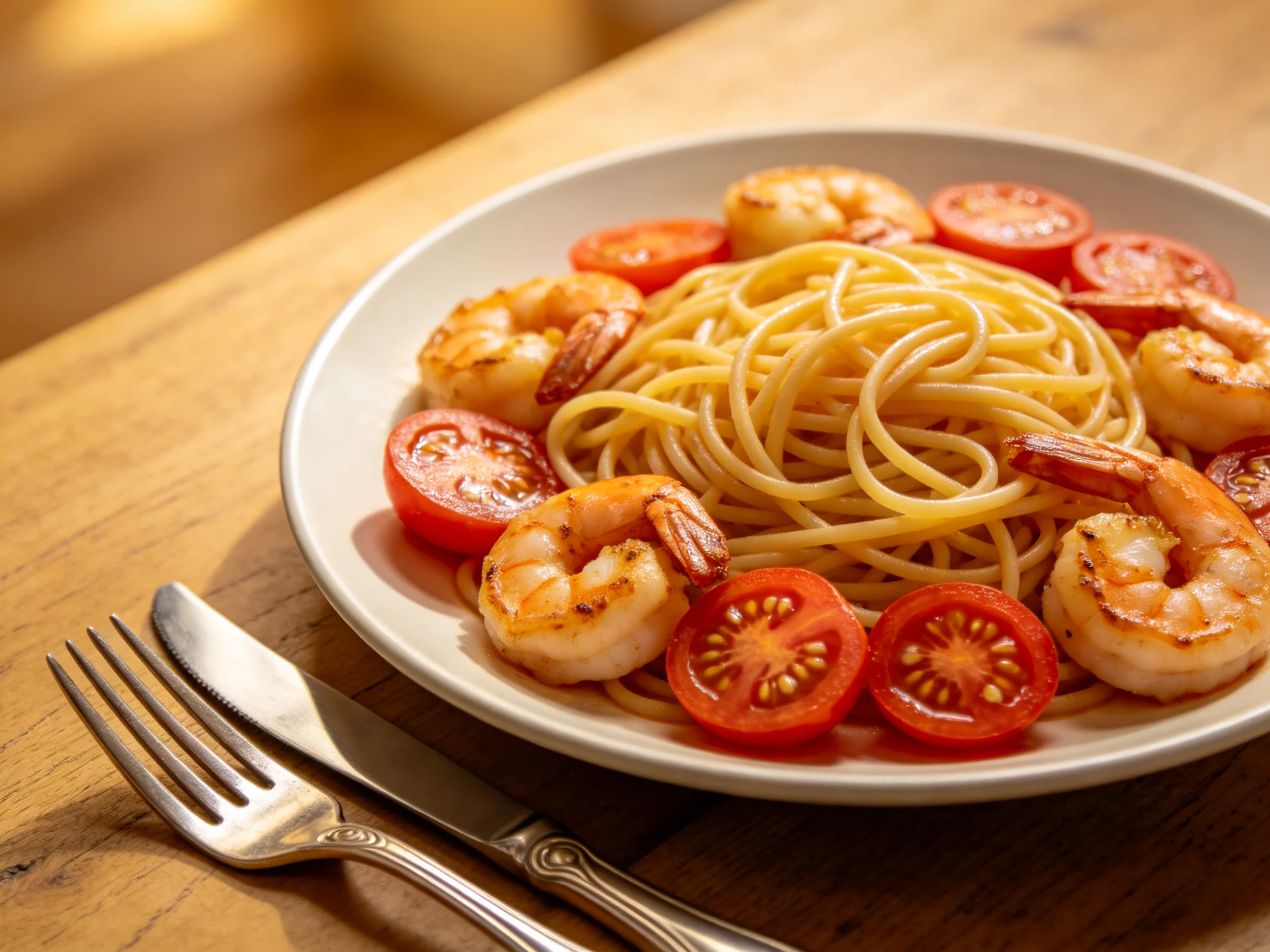 A plate of golden spaghetti with grilled shrimp and cherry tomatoes
