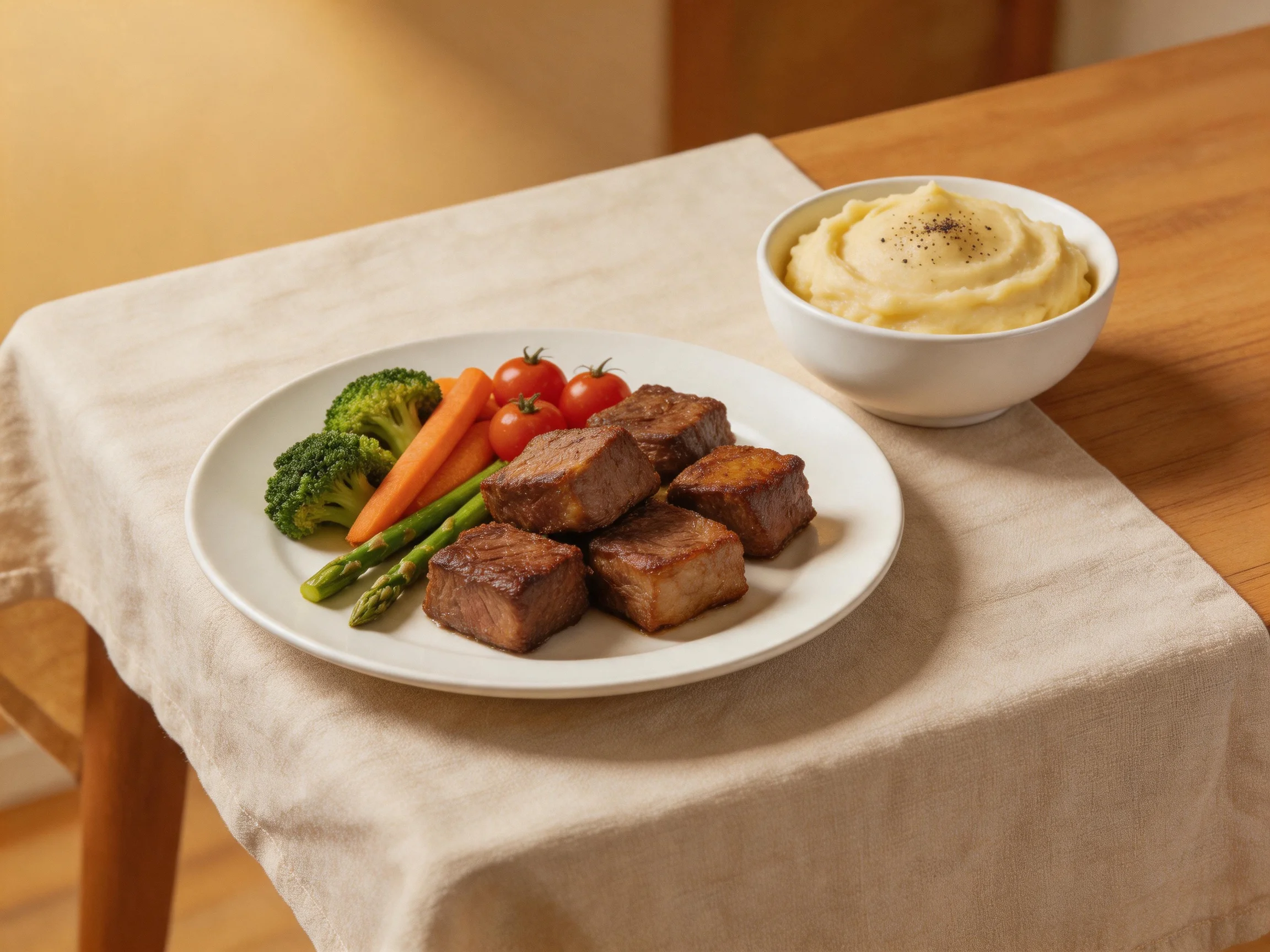 A plate of grilled meat, vegetables, and creamy mashed potatoes sits on a table.
