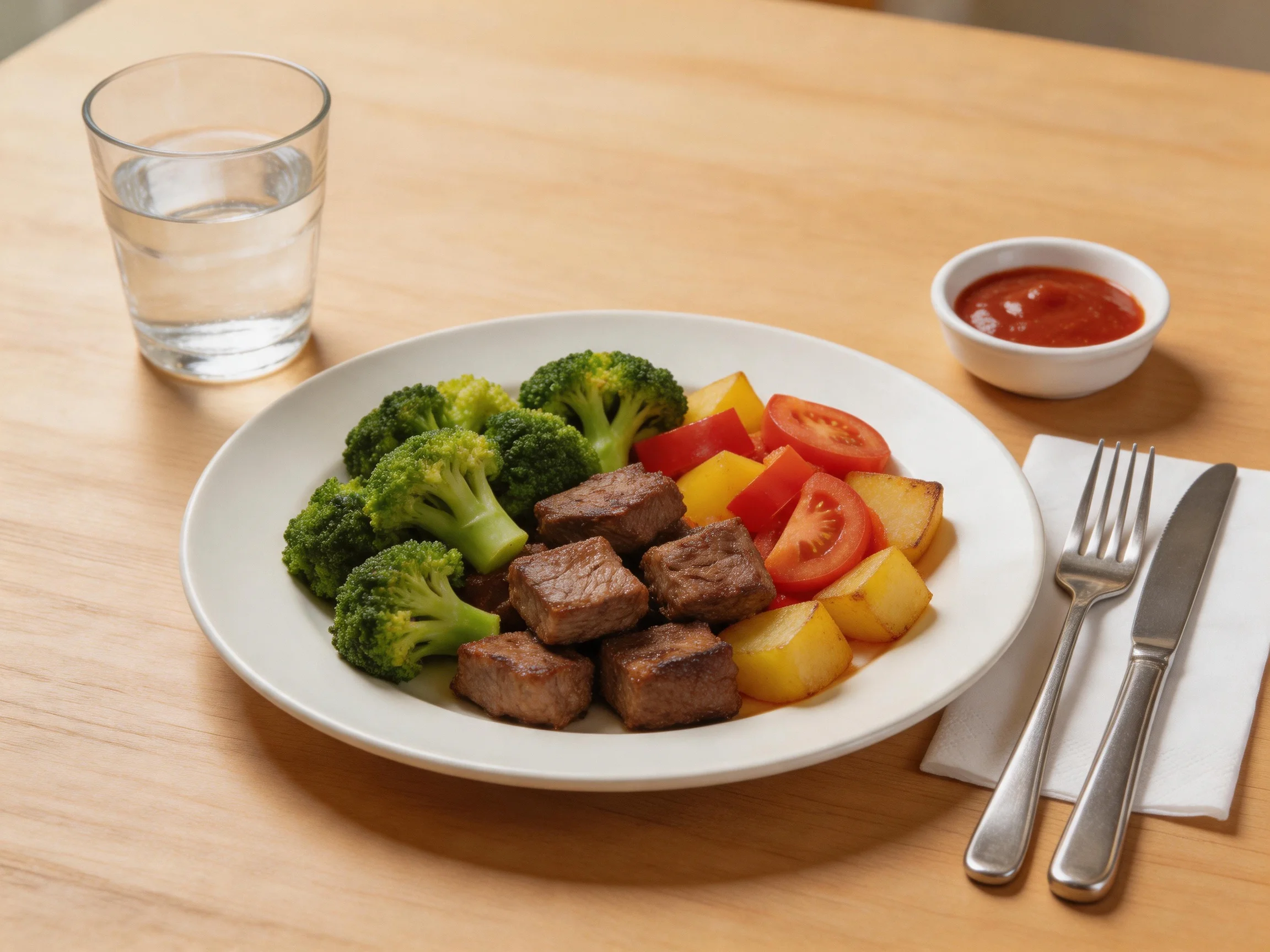 A plate of grilled steak, broccoli, and colorful vegetables with water and sauce