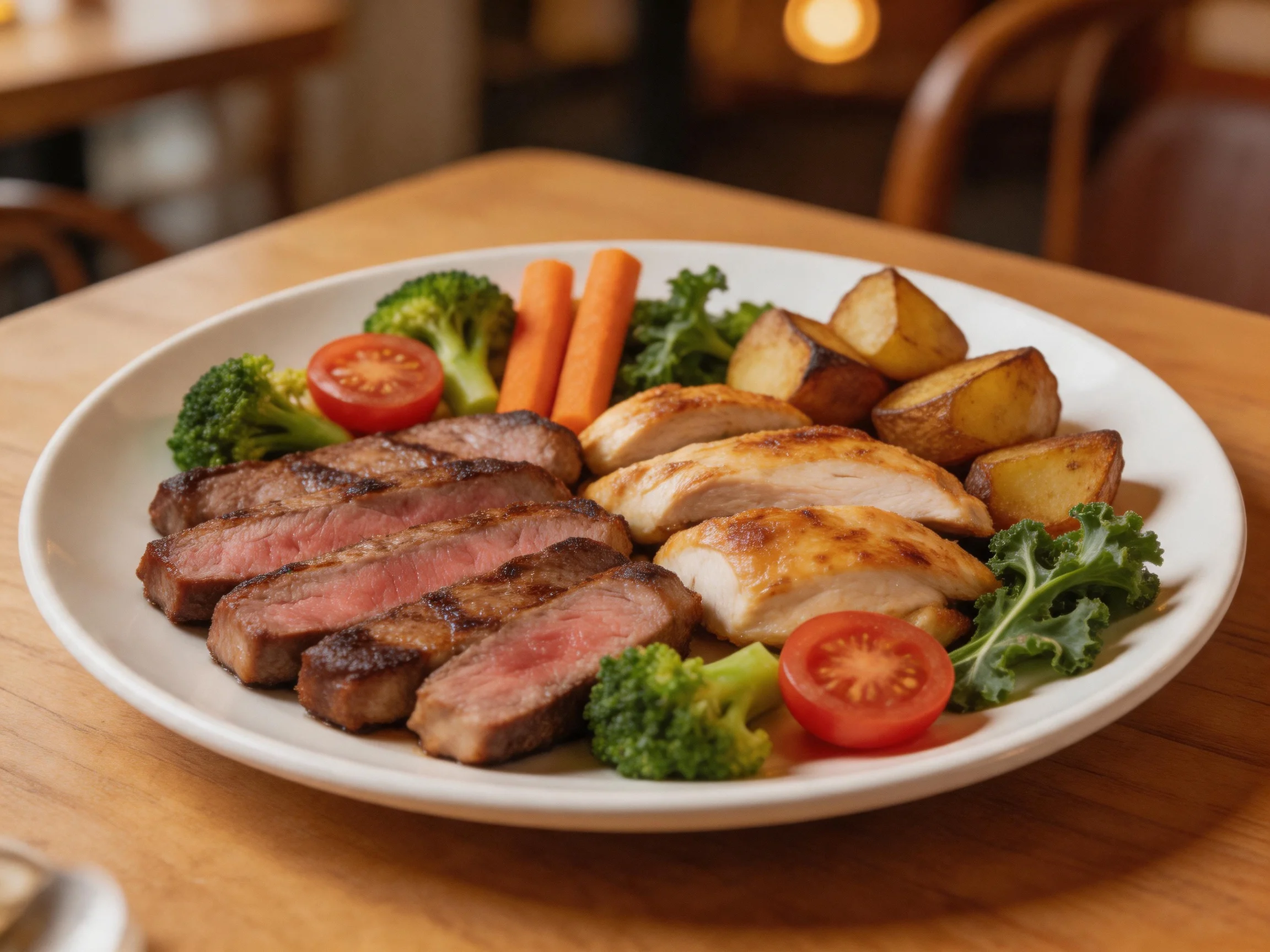 A plate of grilled steak, chicken, and roasted potato platter with fresh vegetables