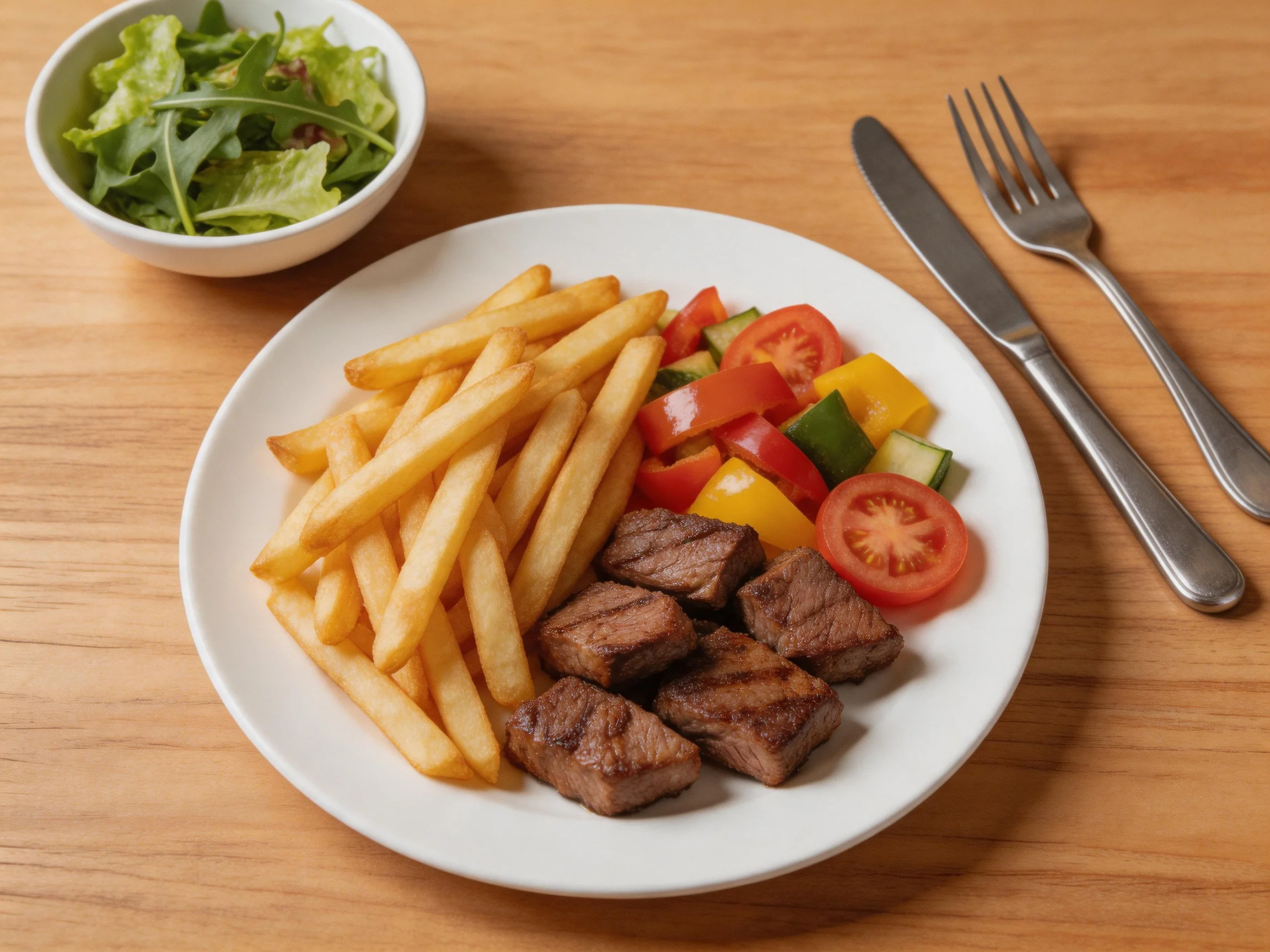 A plate of grilled steak, fries, and colorful vegetables with a side salad